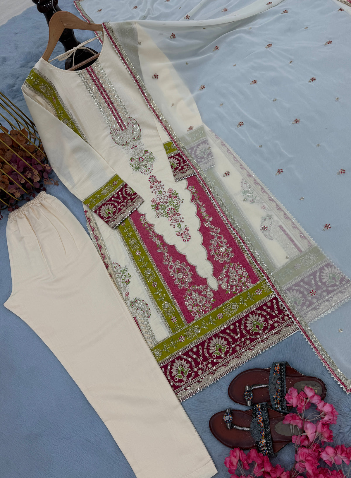 Ivory Cream Roman Silk Embroidered Suit Set with Ruby Red & Lime Green Detailing