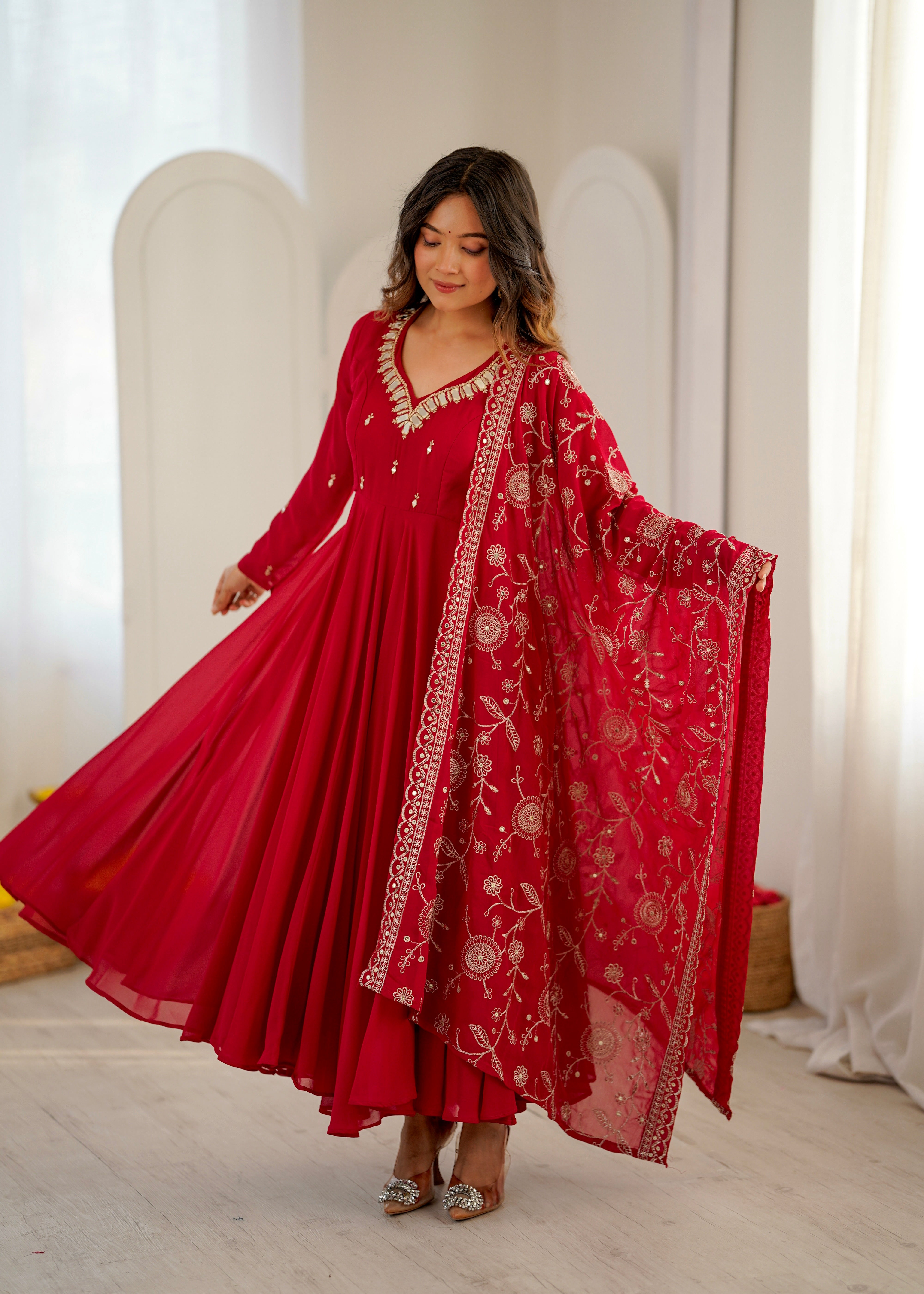 Ruby Red Faux Georgette Designer Anarkali Suit Set with Khatli Work, Real Mirror & Embroidered Dupatta