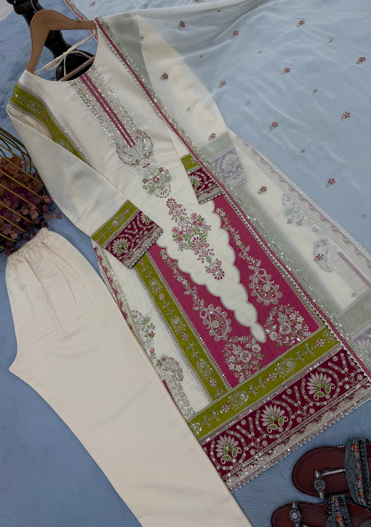 Ivory Cream Roman Silk Embroidered Suit Set with Ruby Red & Lime Green Detailing
