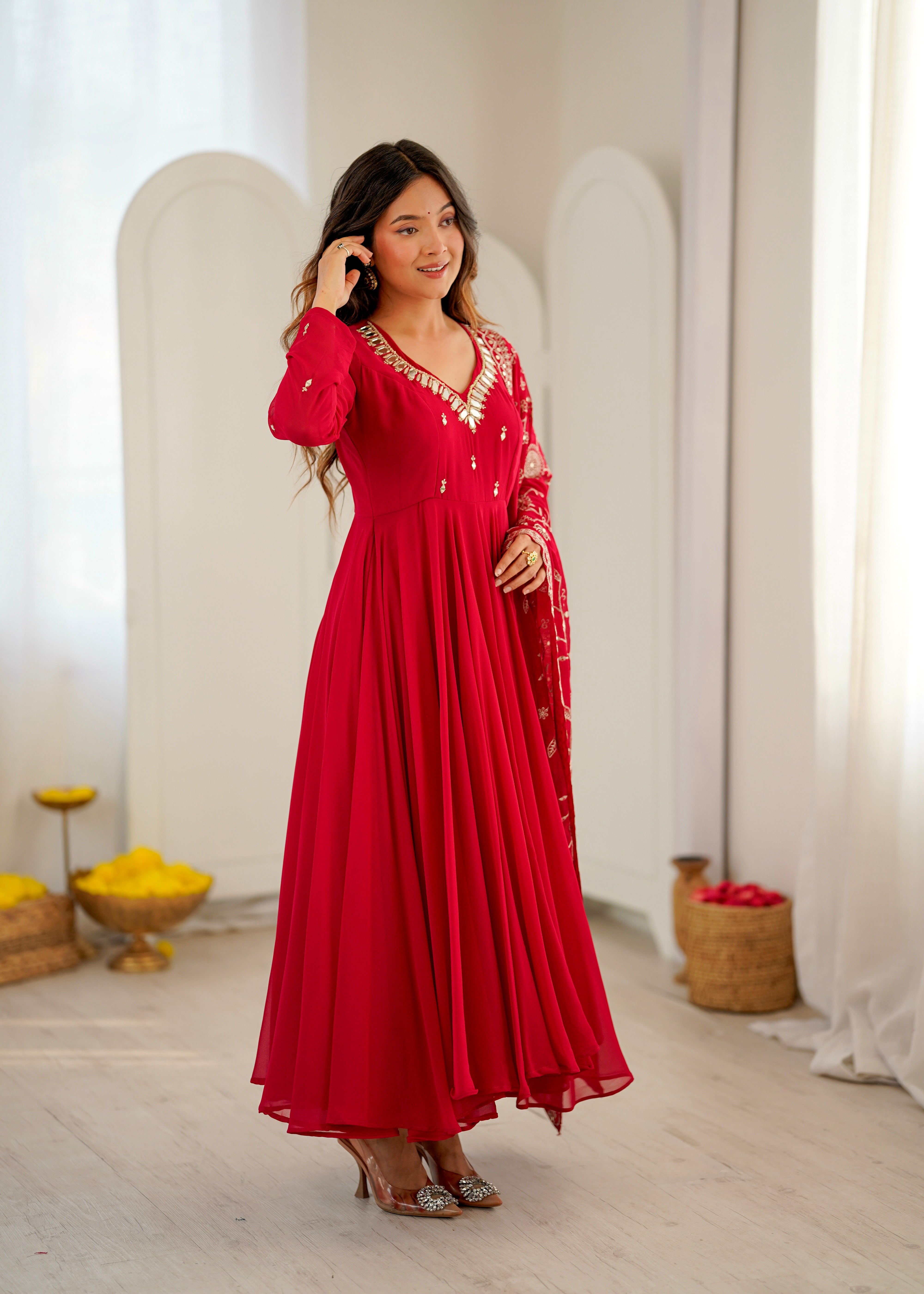 Ruby Red Faux Georgette Designer Anarkali Suit Set with Khatli Work, Real Mirror & Embroidered Dupatta