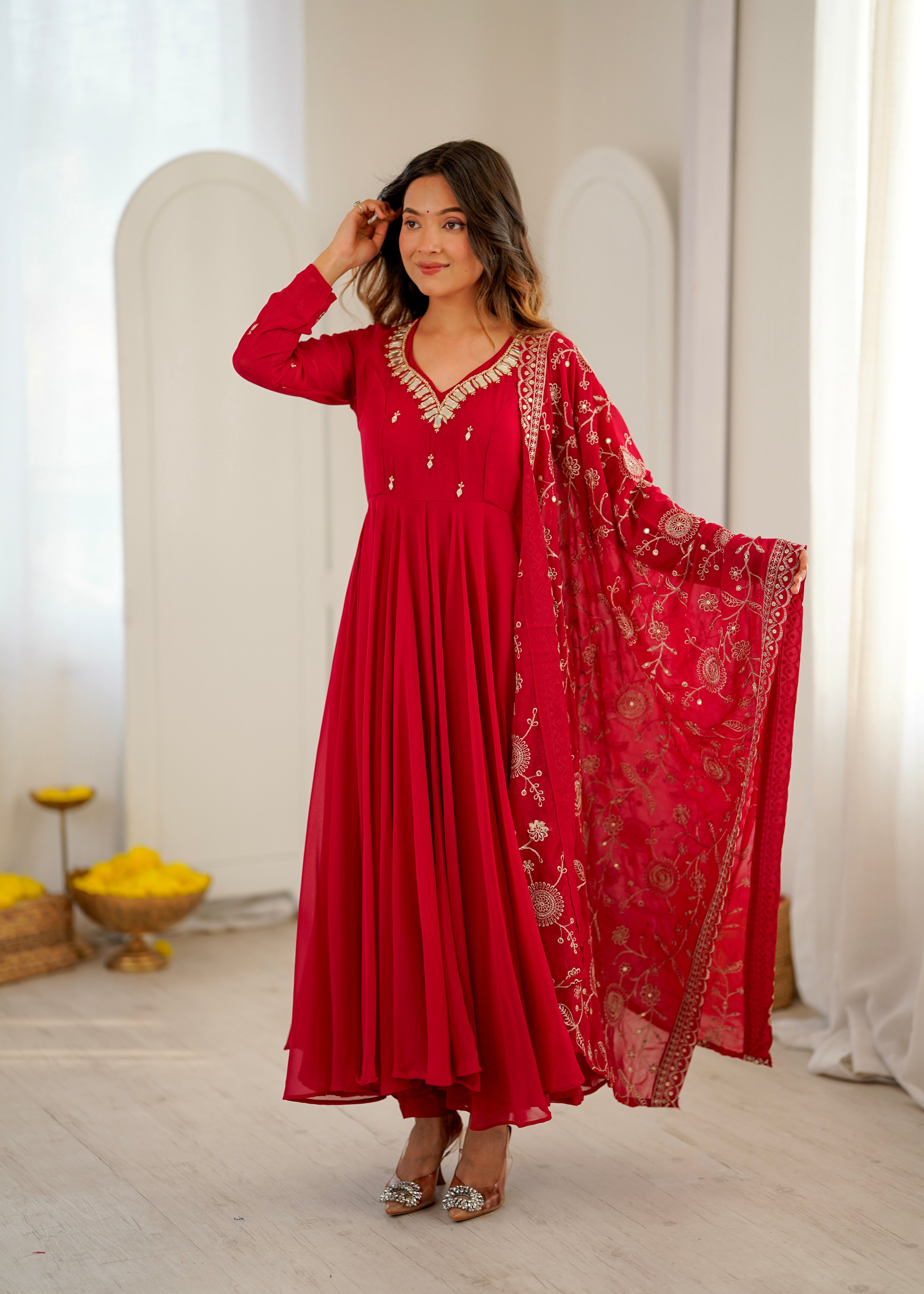 Ruby Red Faux Georgette Designer Anarkali Suit Set with Khatli Work, Real Mirror & Embroidered Dupatta