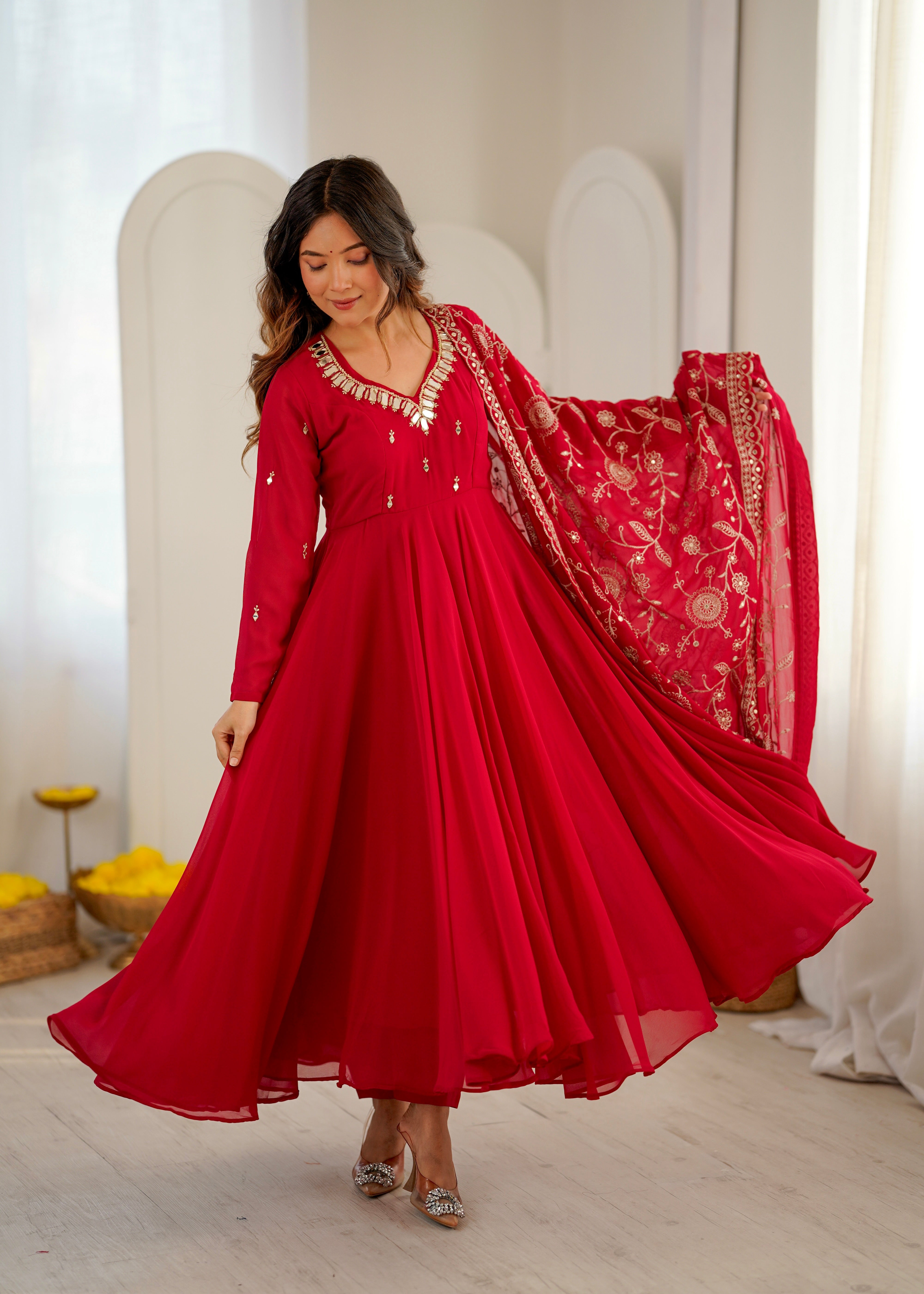 Ruby Red Faux Georgette Designer Anarkali Suit Set with Khatli Work, Real Mirror & Embroidered Dupatta