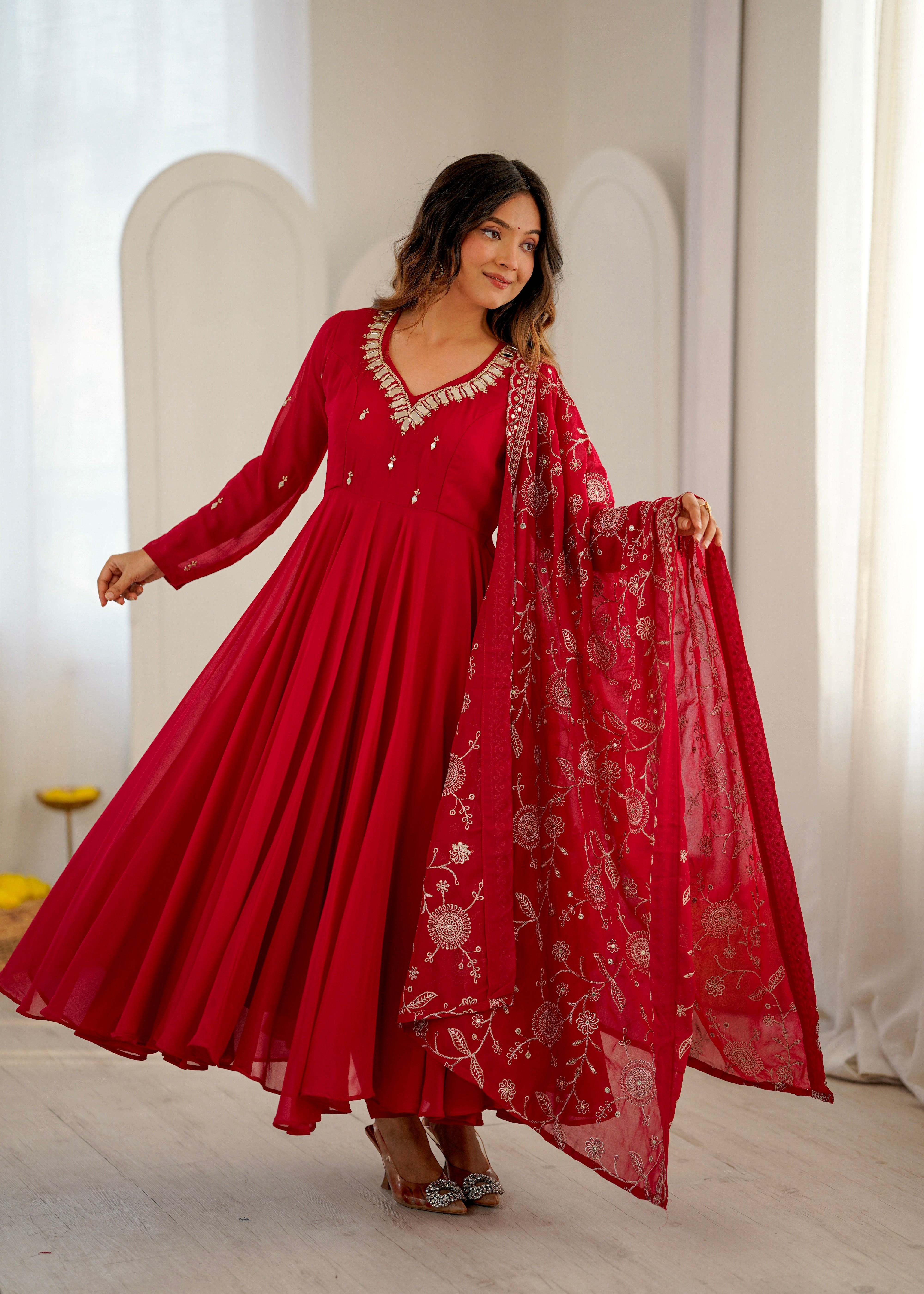 Ruby Red Faux Georgette Designer Anarkali Suit Set with Khatli Work, Real Mirror & Embroidered Dupatta