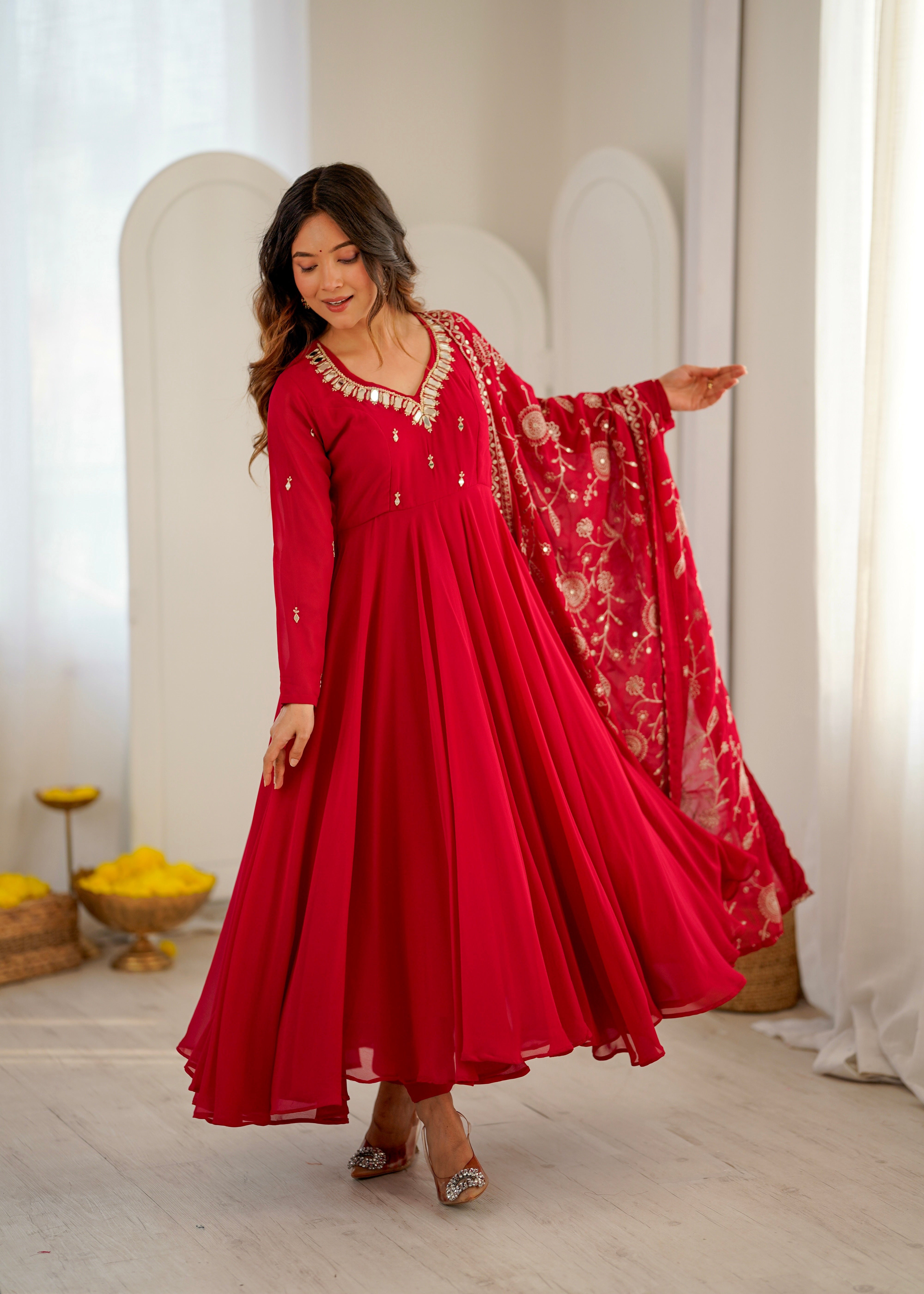 Ruby Red Faux Georgette Designer Anarkali Suit Set with Khatli Work, Real Mirror & Embroidered Dupatta