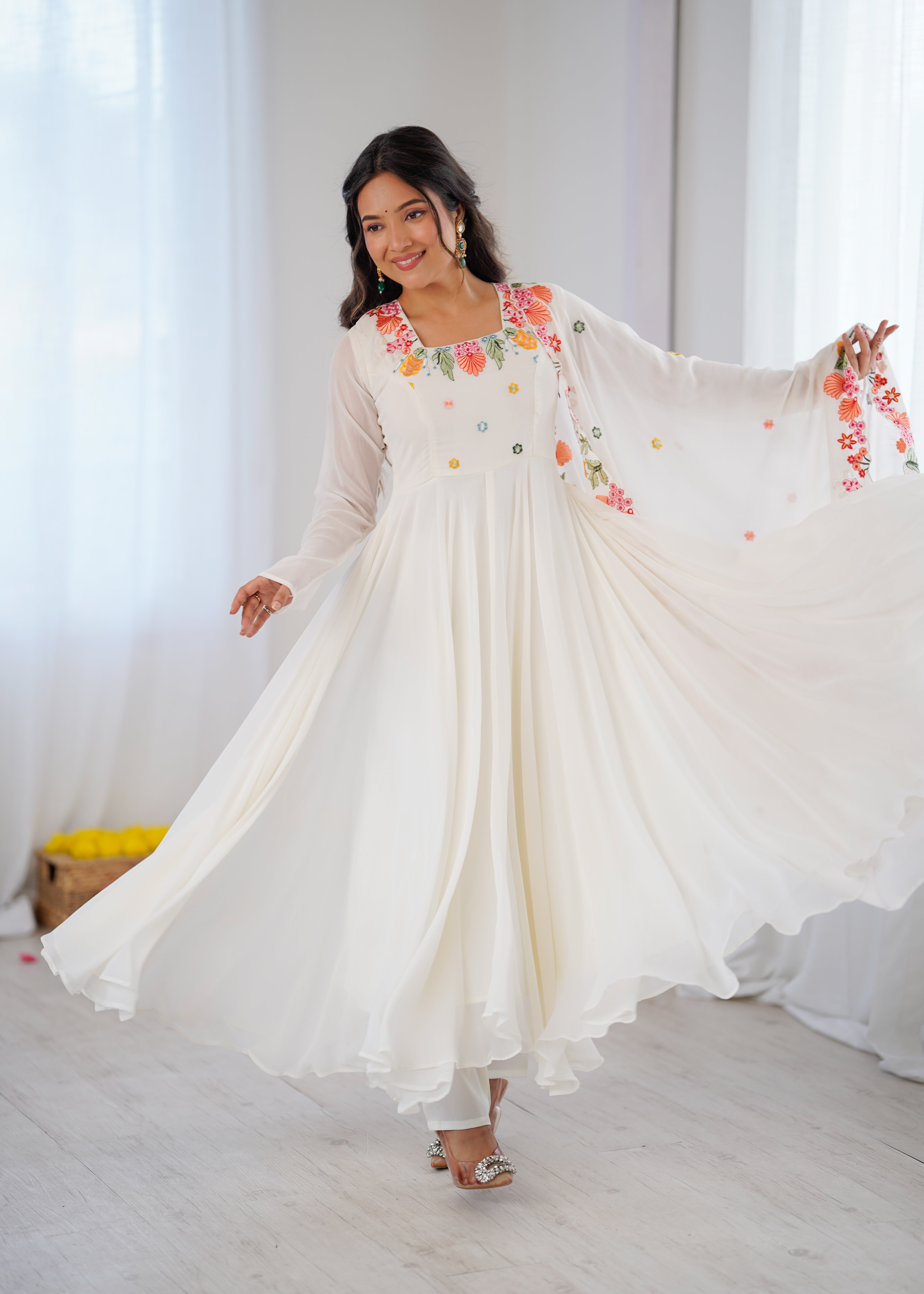 Ivory White Embroidered Faux Georgette Anarkali Gown Set with Dupatta