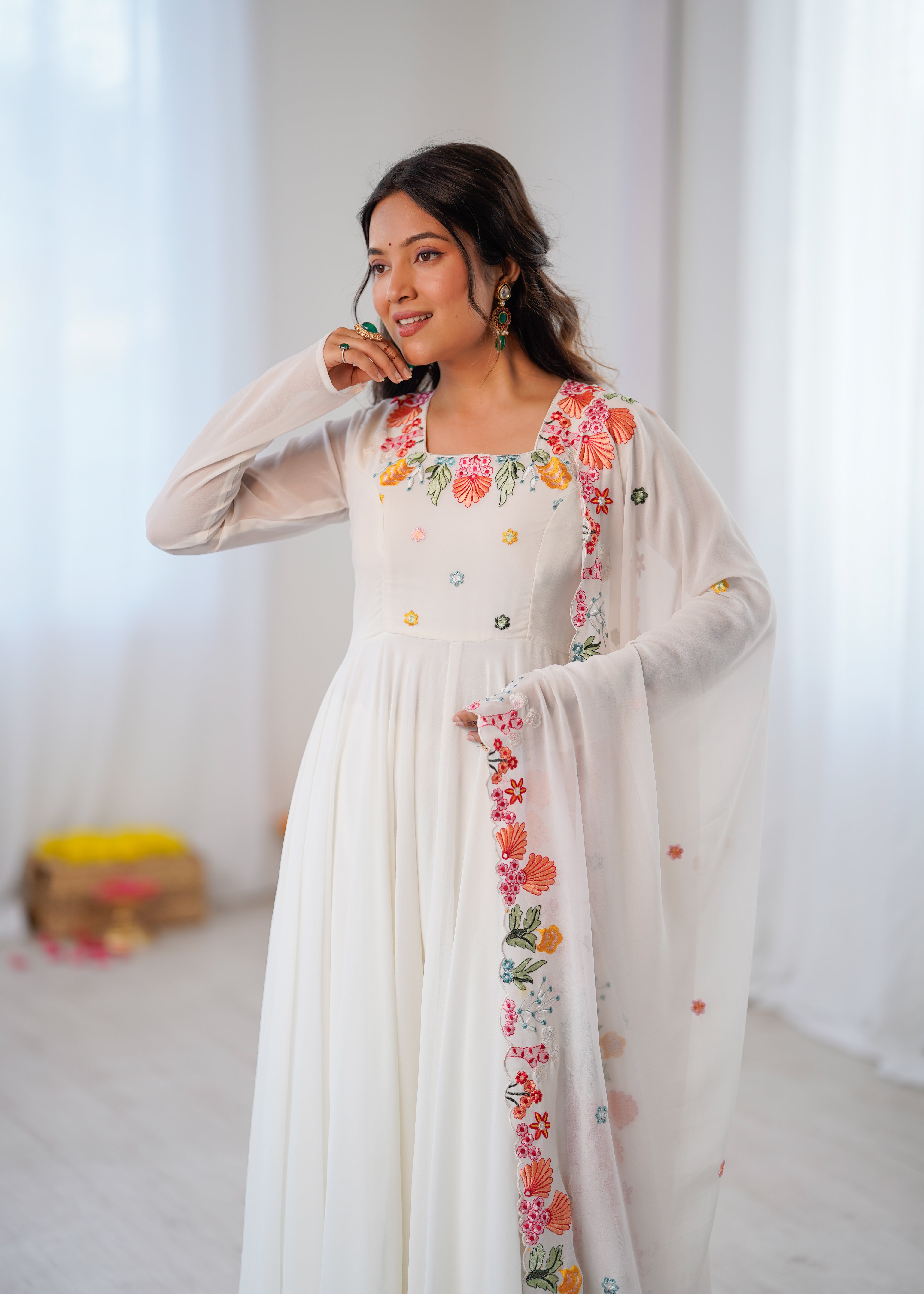 Ivory White Embroidered Faux Georgette Anarkali Gown Set with Dupatta