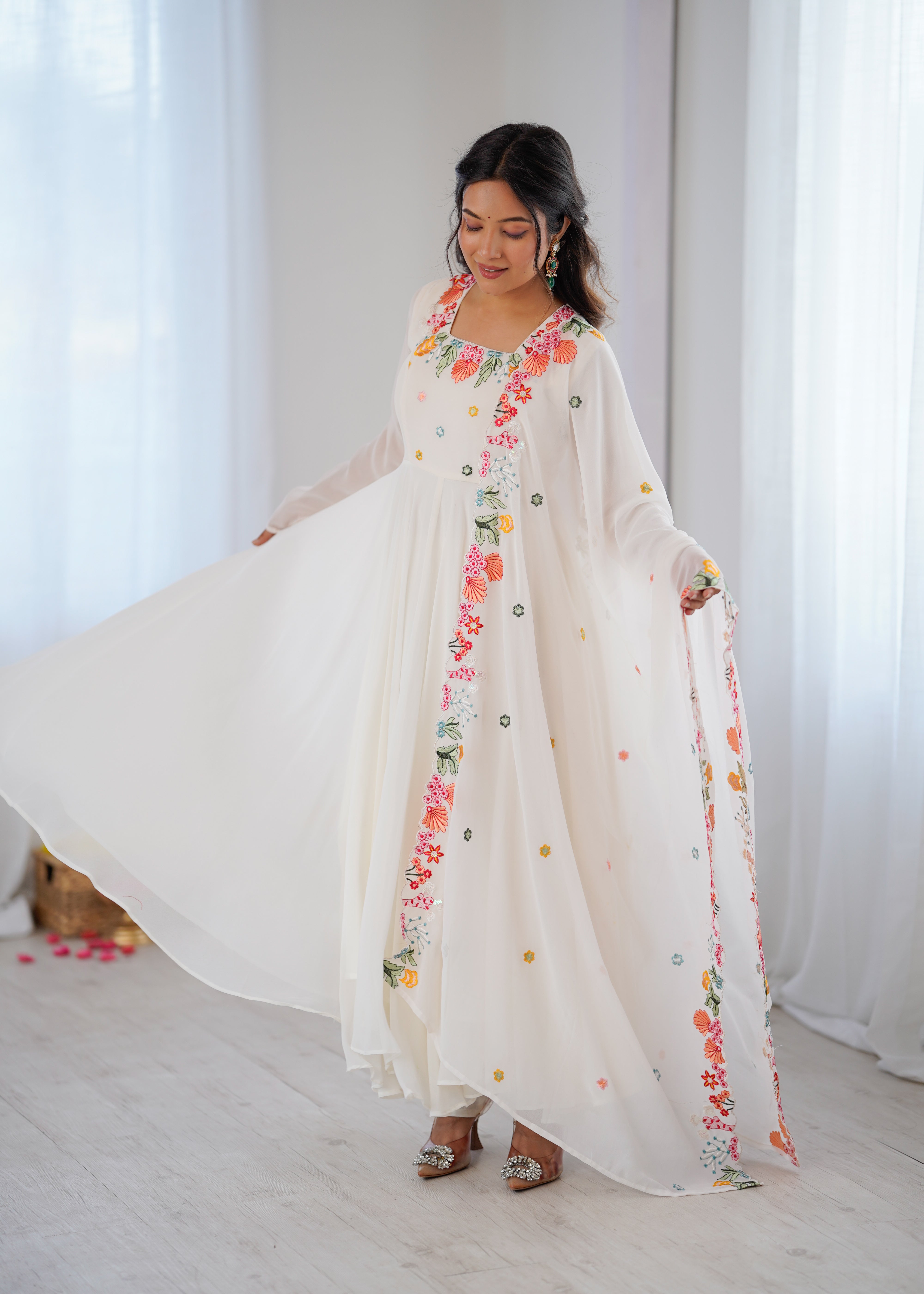 Ivory White Embroidered Faux Georgette Anarkali Gown Set with Dupatta