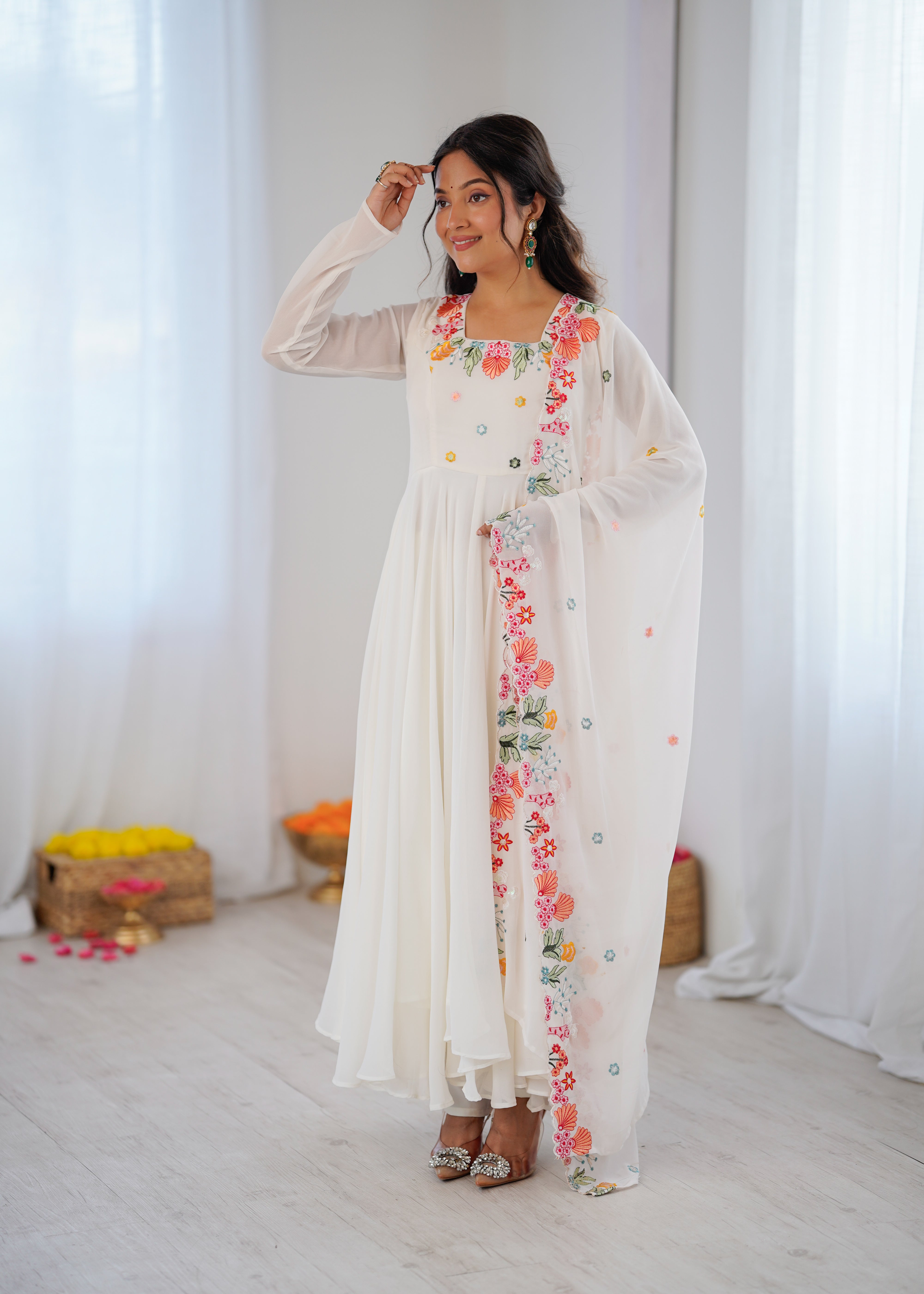 Ivory White Embroidered Faux Georgette Anarkali Gown Set with Dupatta