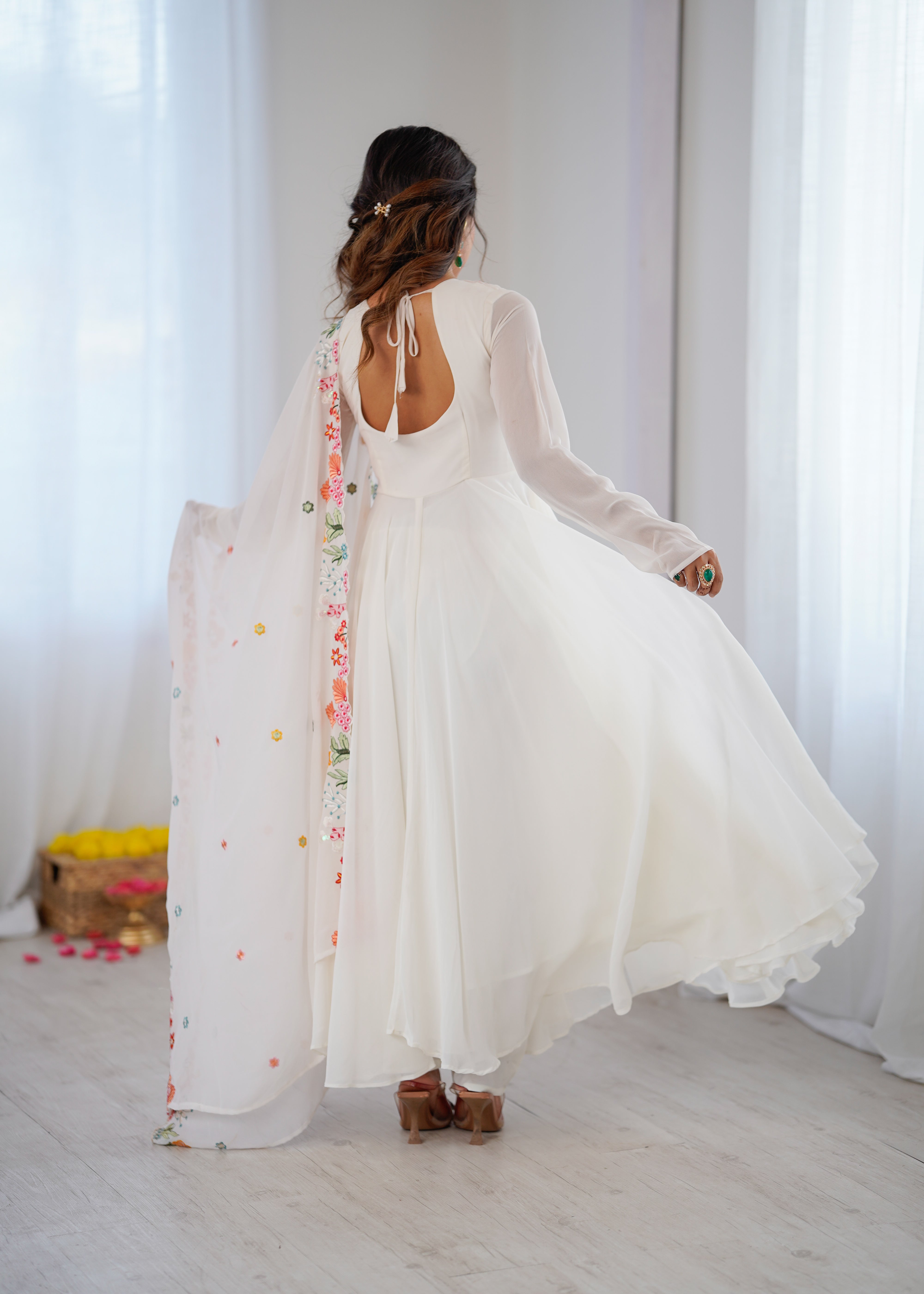 Ivory White Embroidered Faux Georgette Anarkali Gown Set with Dupatta
