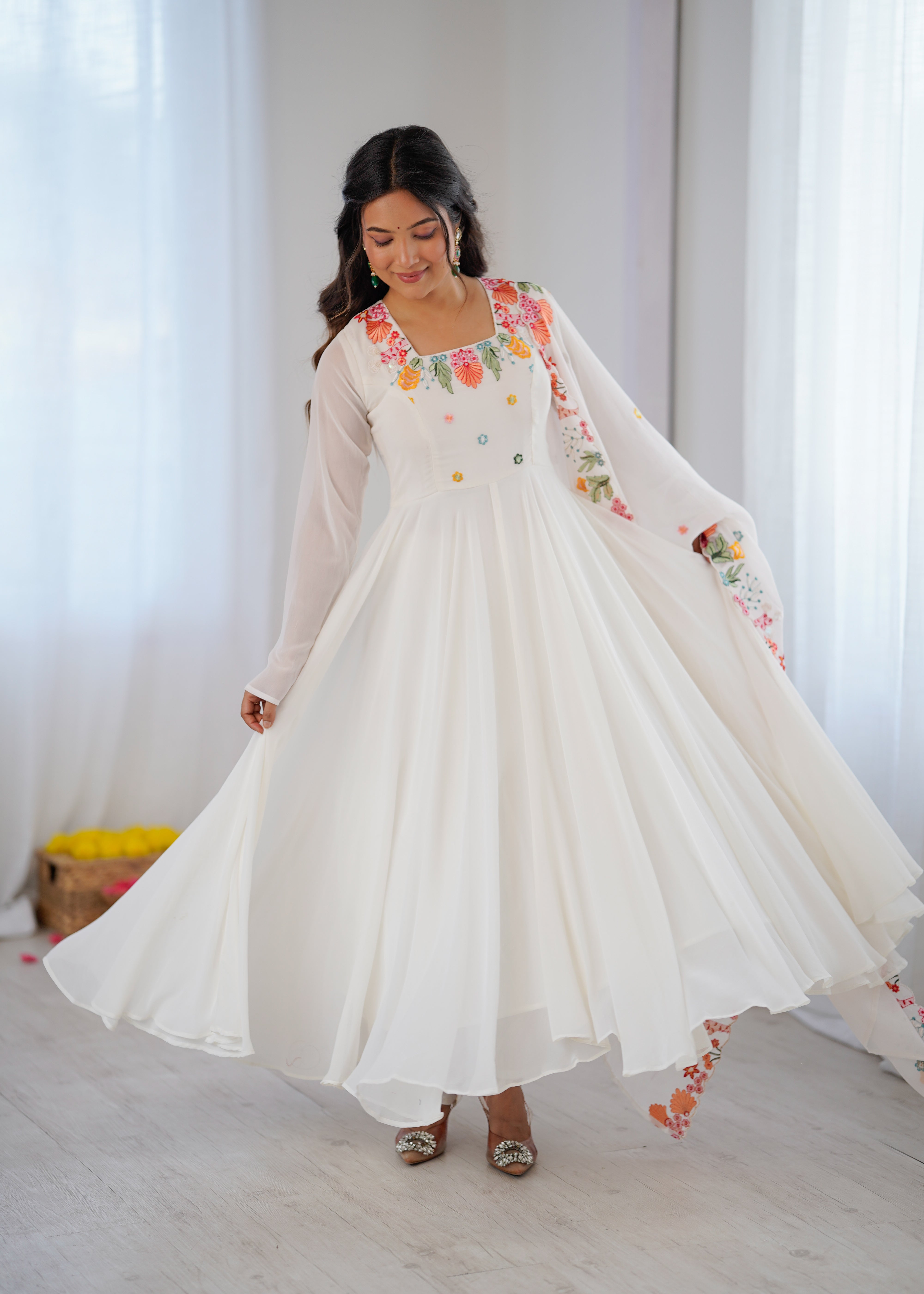 Ivory White Embroidered Faux Georgette Anarkali Gown Set with Dupatta