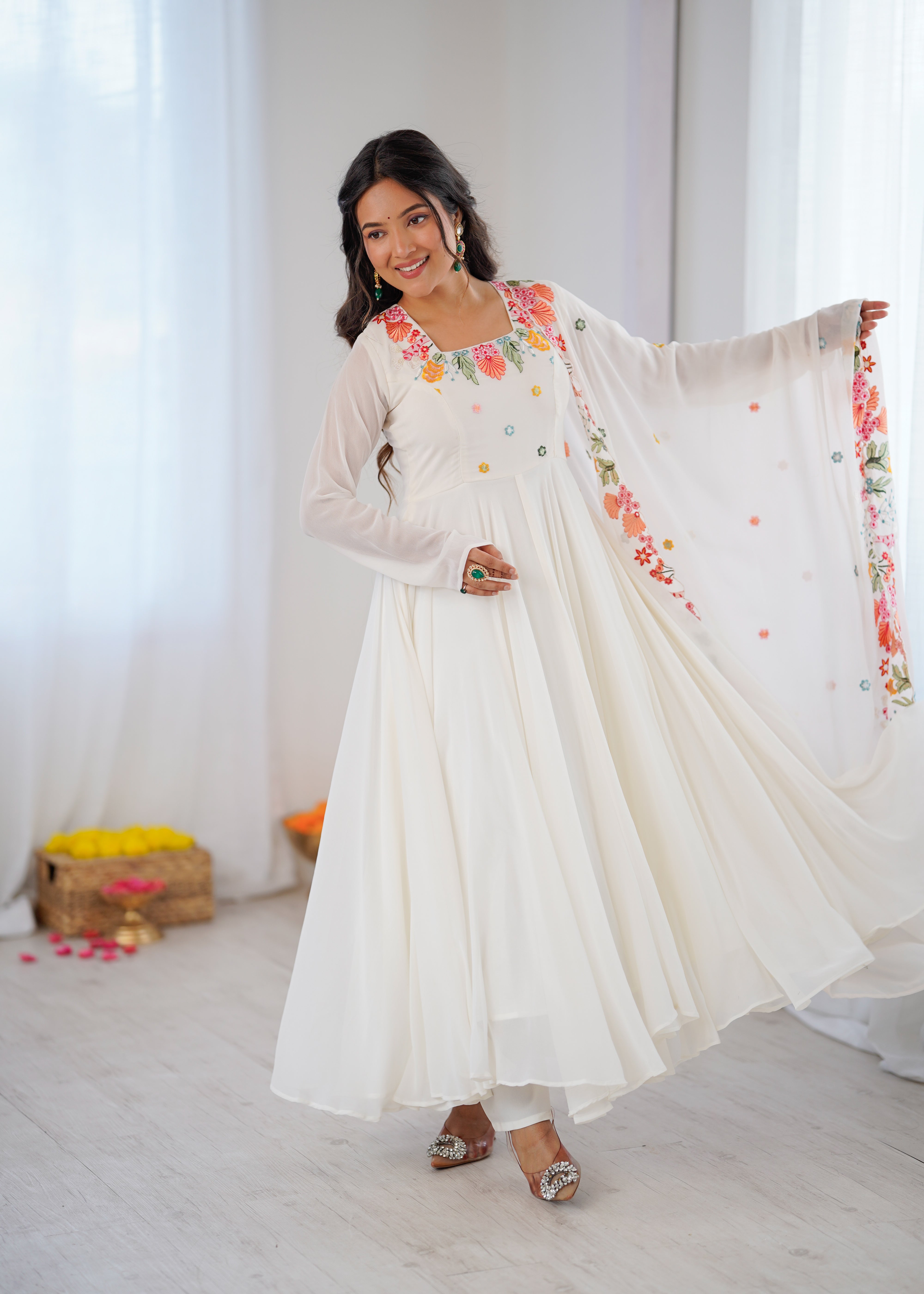 Ivory White Embroidered Faux Georgette Anarkali Gown Set with Dupatta