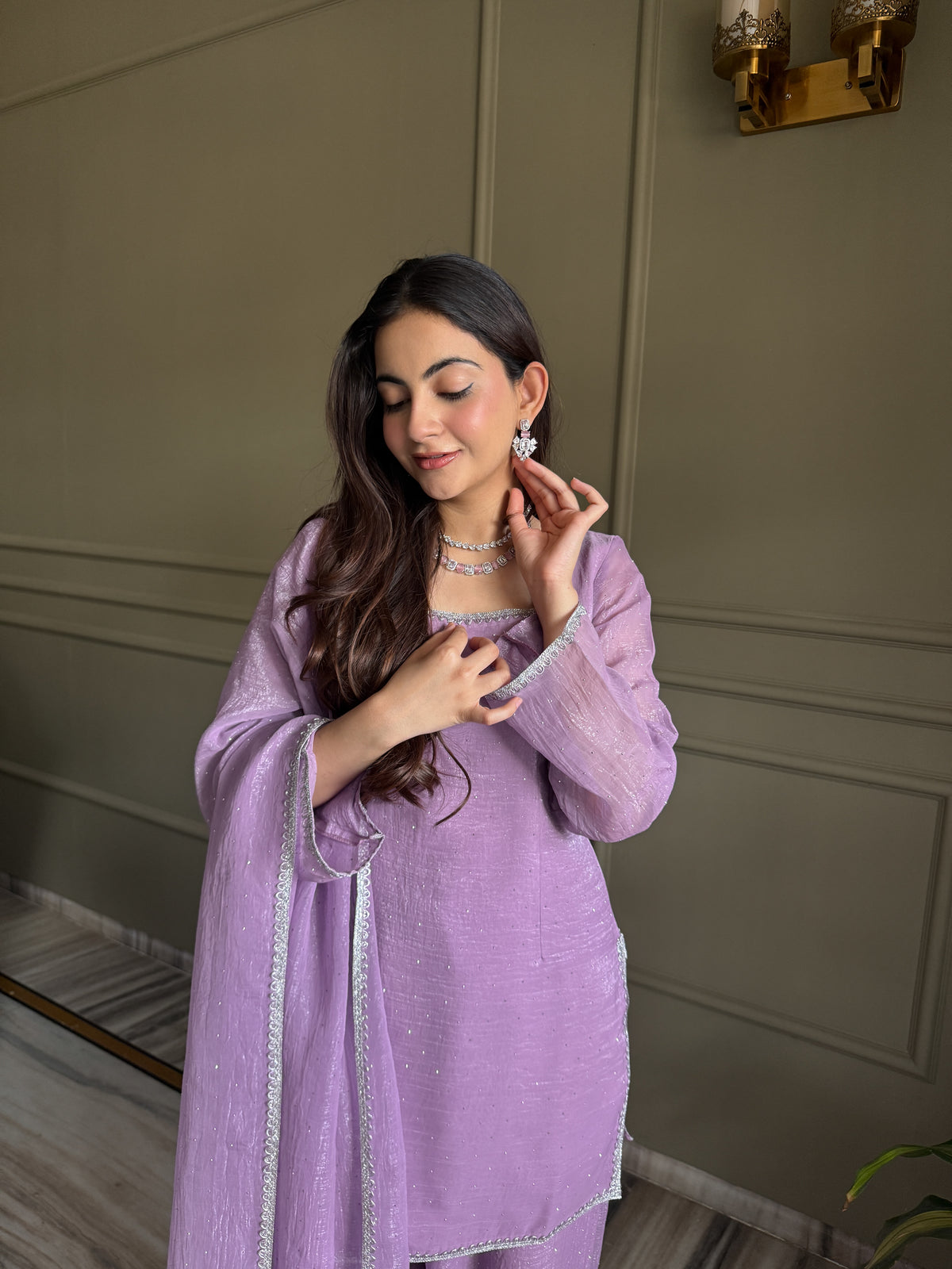 Lavender Crunchy Silk Crystal Work Kurta Salwar Suit with Dupatta