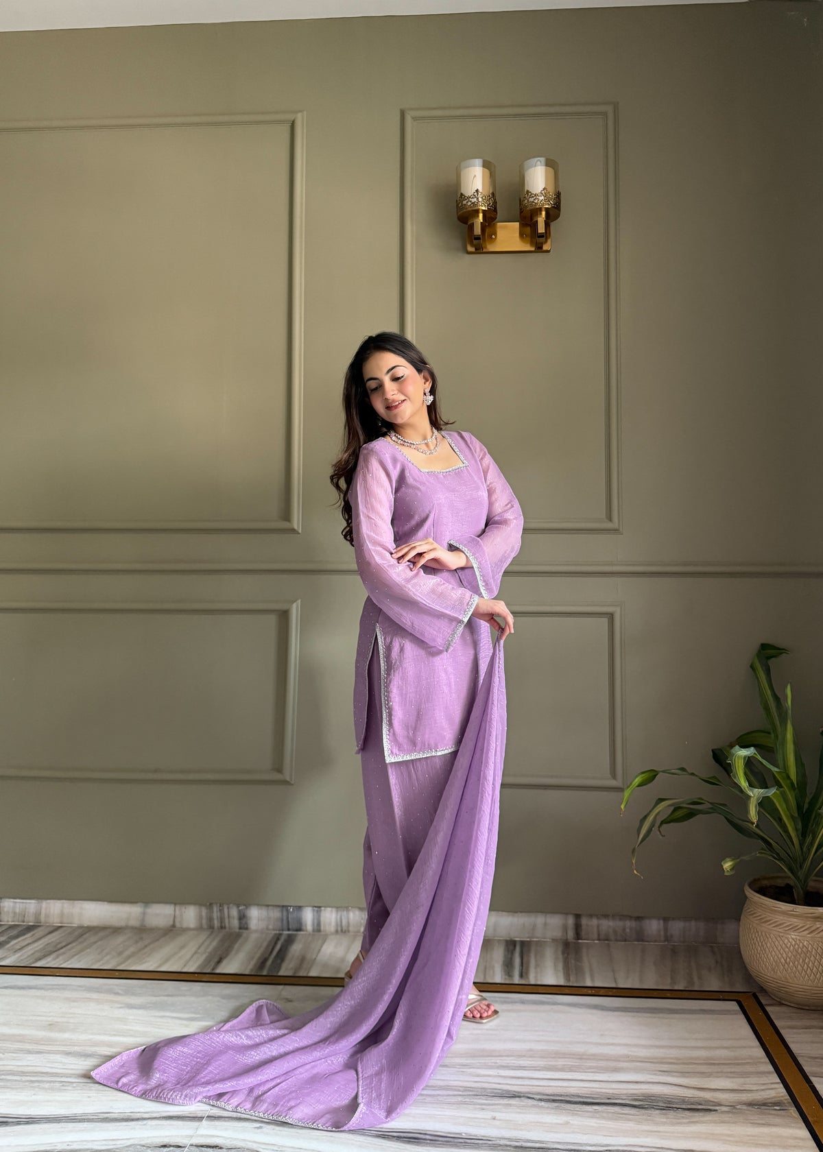 Lavender Crunchy Silk Crystal Work Kurta Salwar Suit with Dupatta