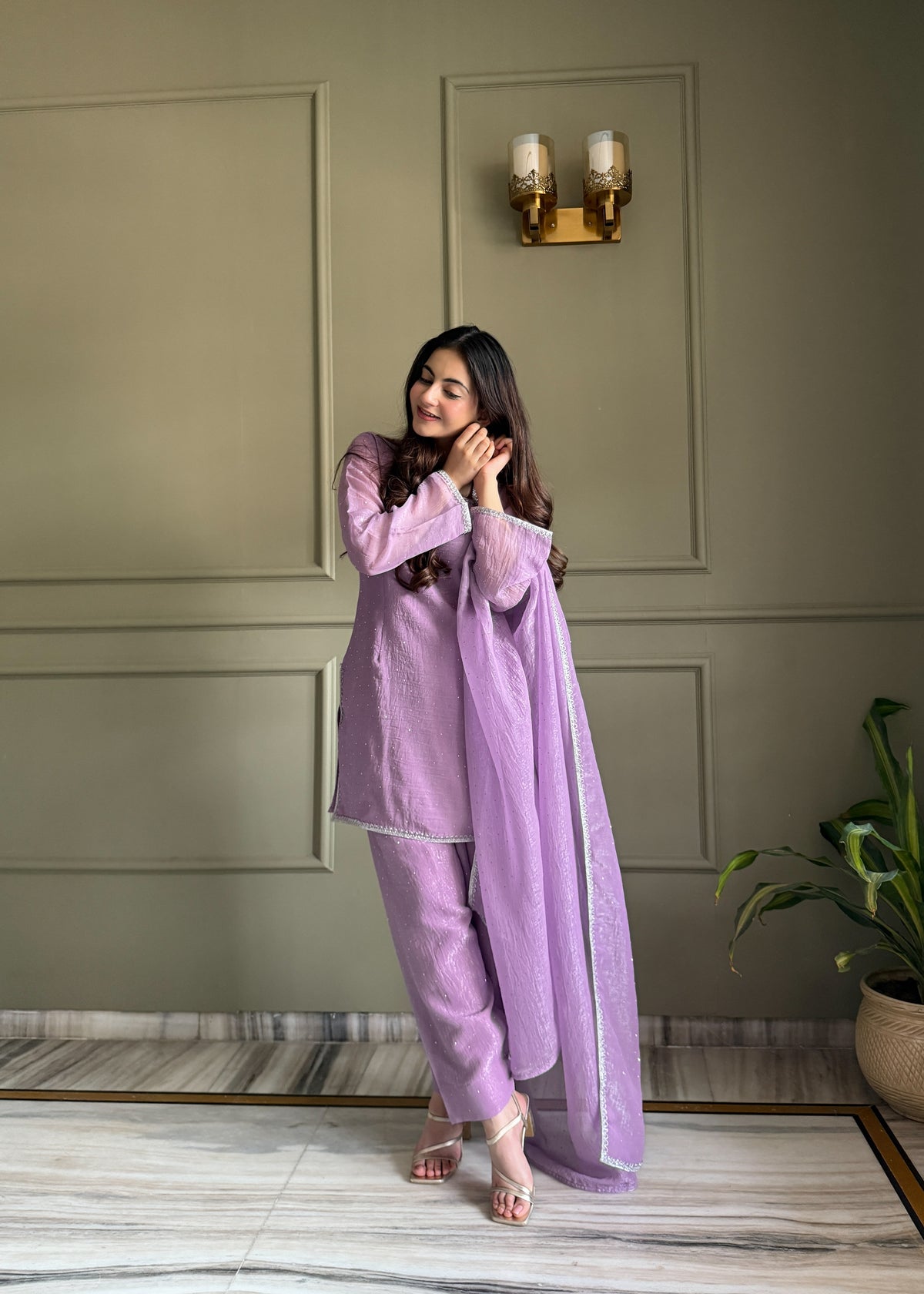 Lavender Crunchy Silk Crystal Work Kurta Salwar Suit with Dupatta