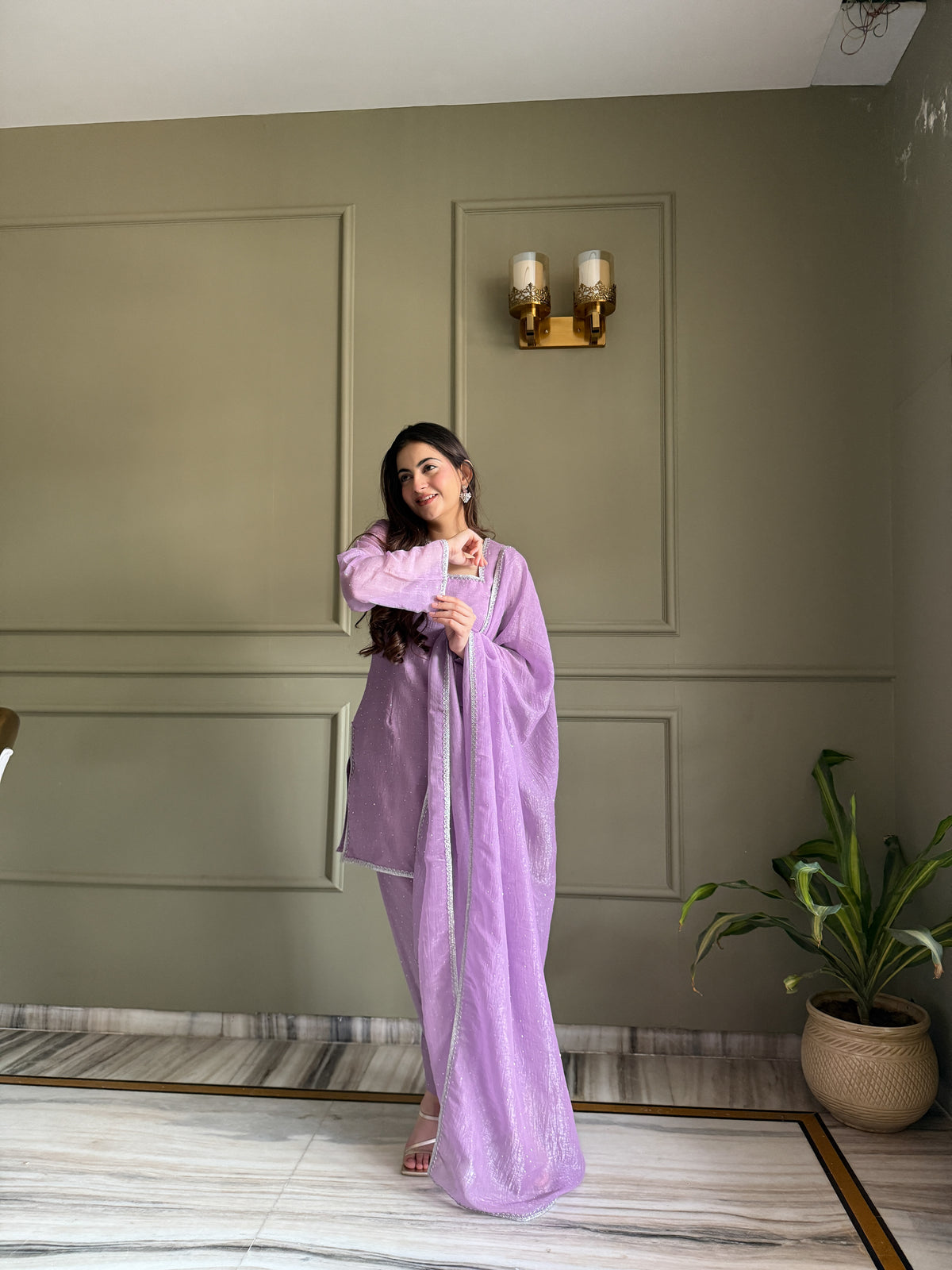 Lavender Crunchy Silk Crystal Work Kurta Salwar Suit with Dupatta