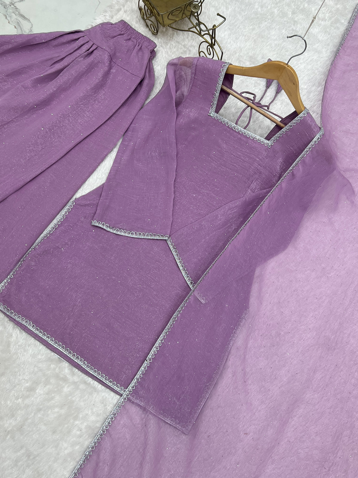 Lavender Crunchy Silk Crystal Work Kurta Salwar Suit with Dupatta