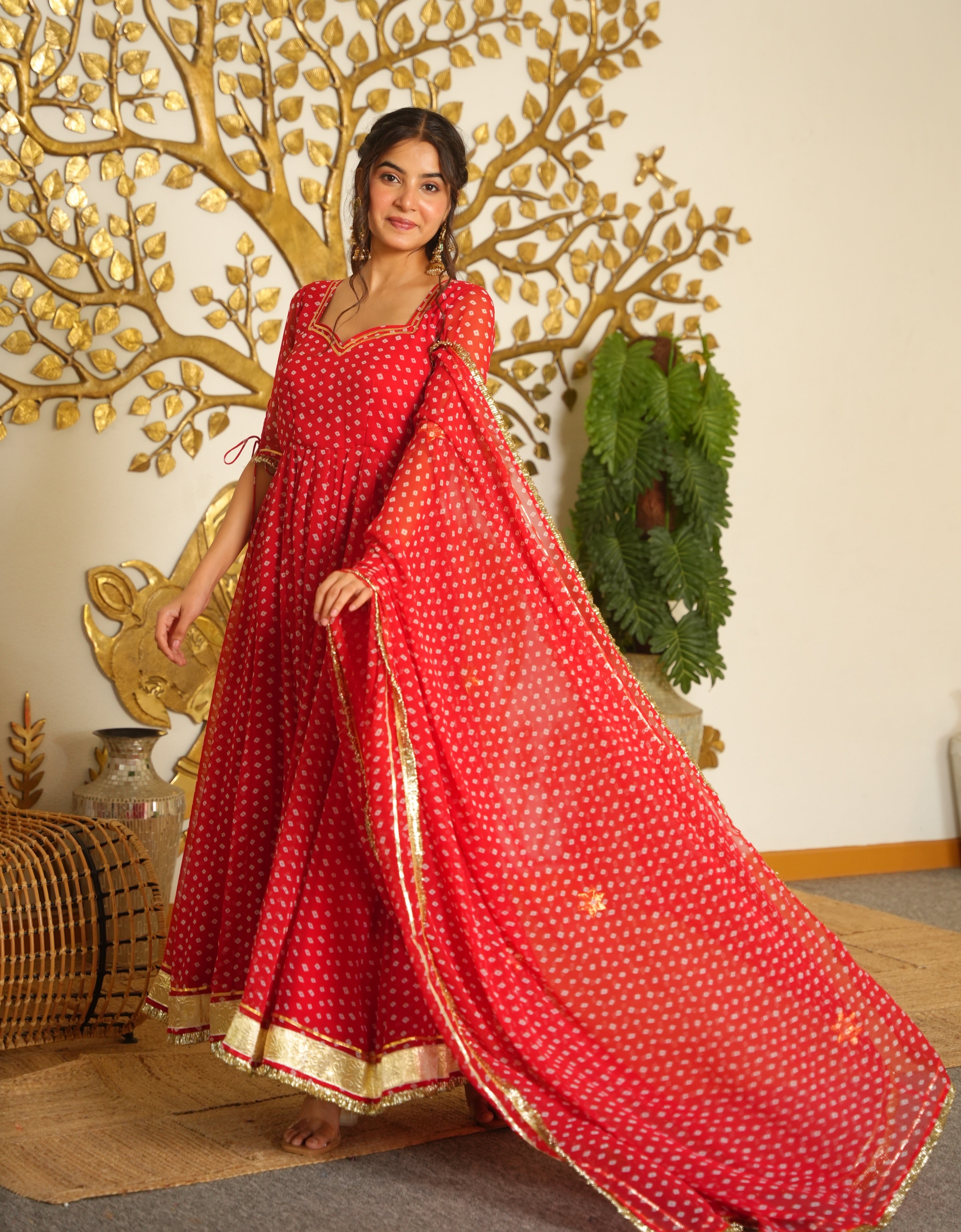 Red Bandhej Print Faux Georgette Anarkali Gown Set with Dupatta & Pants