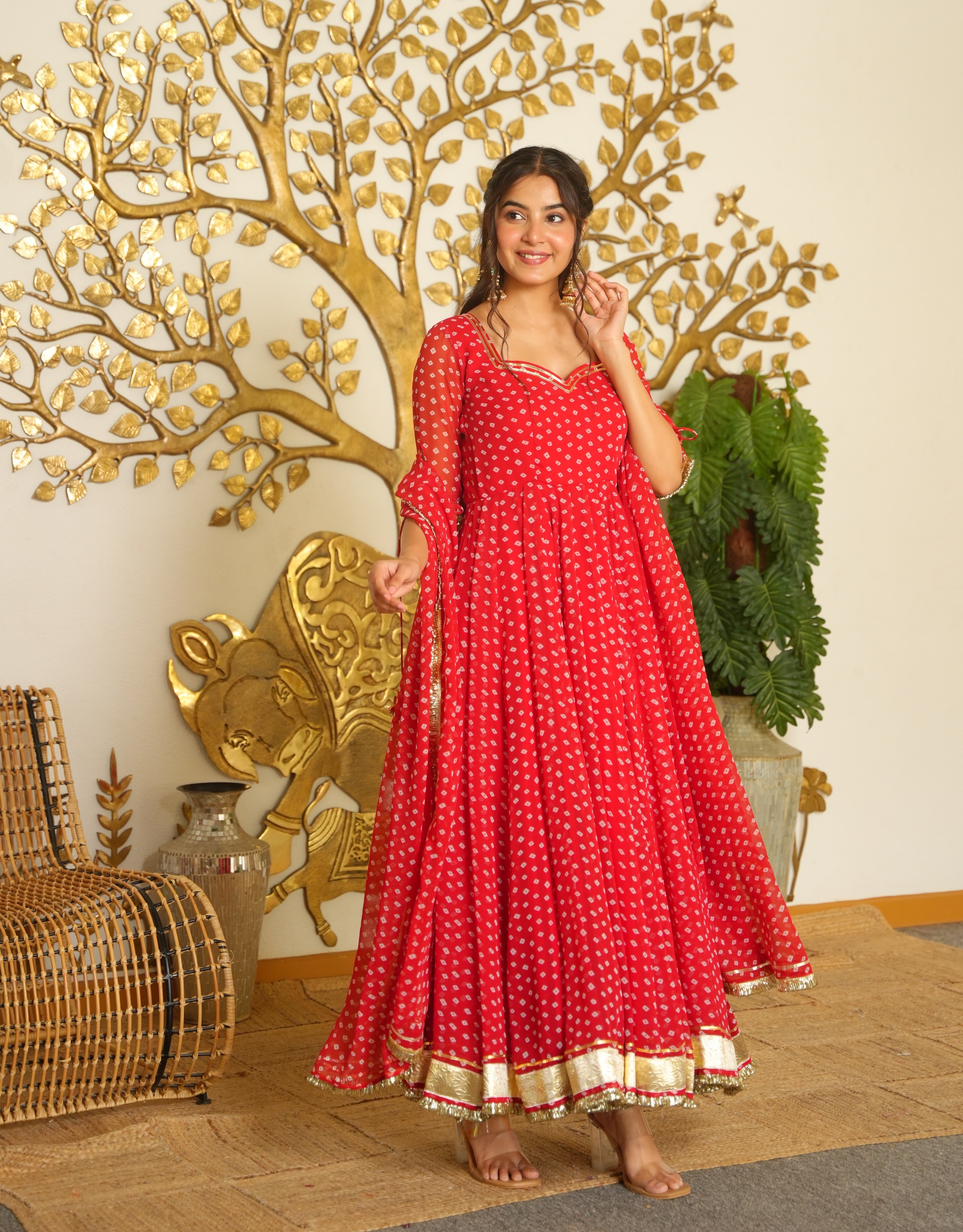 Red Bandhej Print Faux Georgette Anarkali Gown Set with Dupatta & Pants