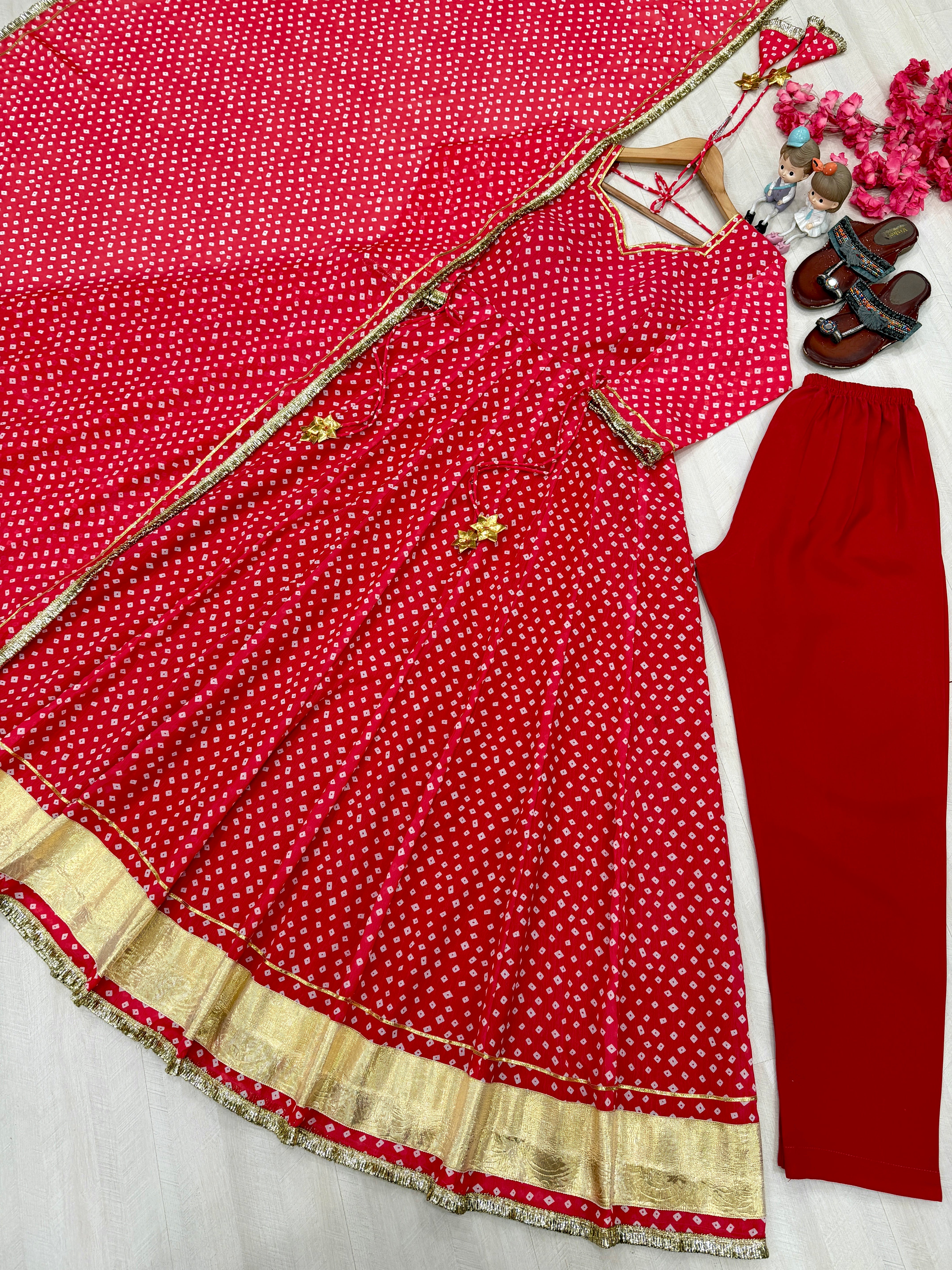 Red Bandhej Print Faux Georgette Anarkali Gown Set with Dupatta & Pants
