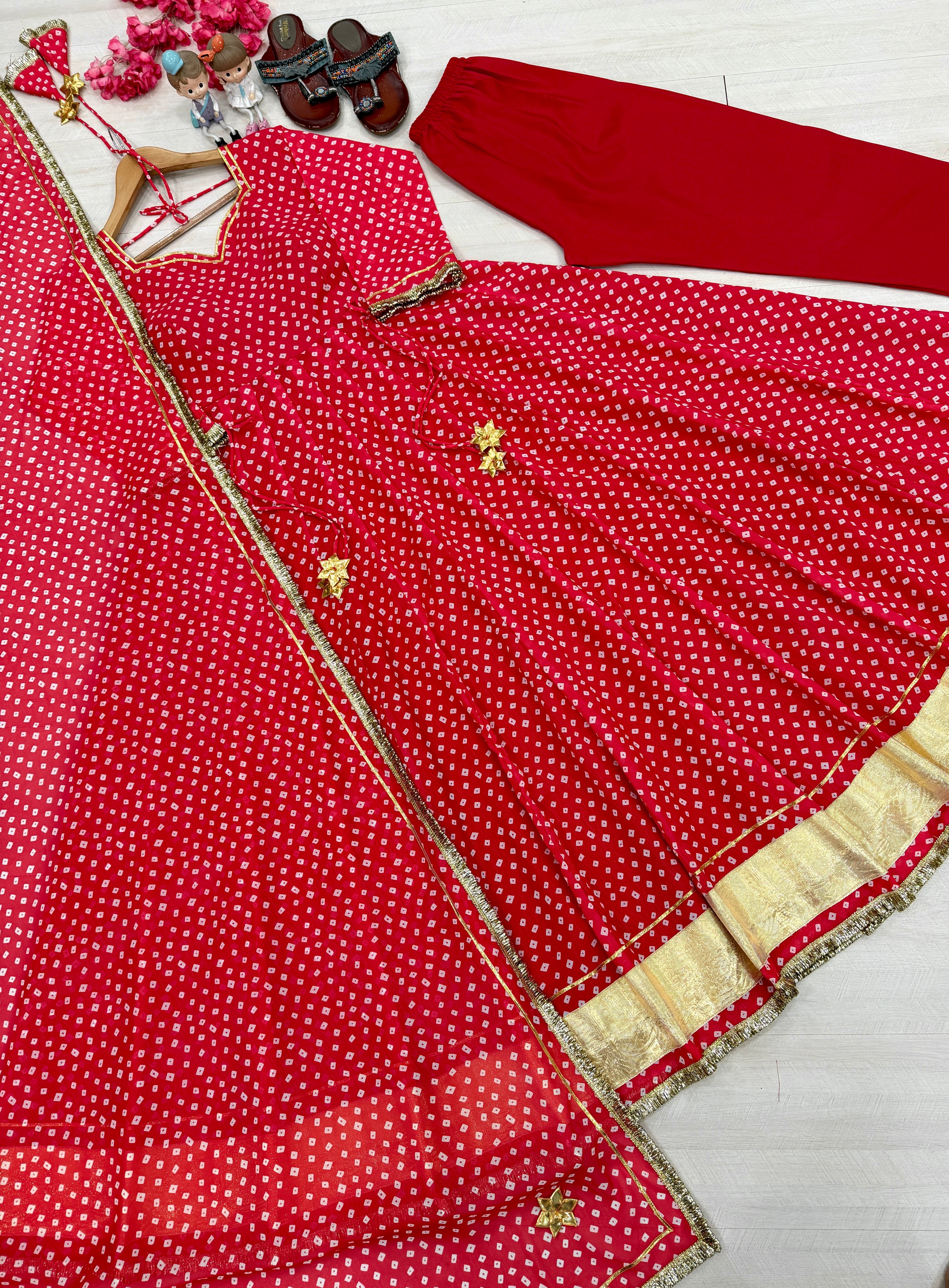 Red Bandhej Print Faux Georgette Anarkali Gown Set with Dupatta & Pants