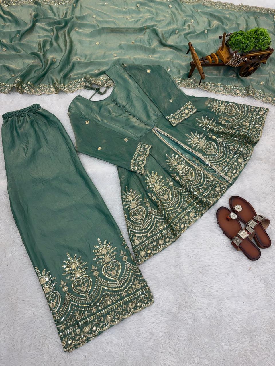 Sage Green Fendy Silk Embroidered Peplum Kurta Palazzo Set with Dupatta