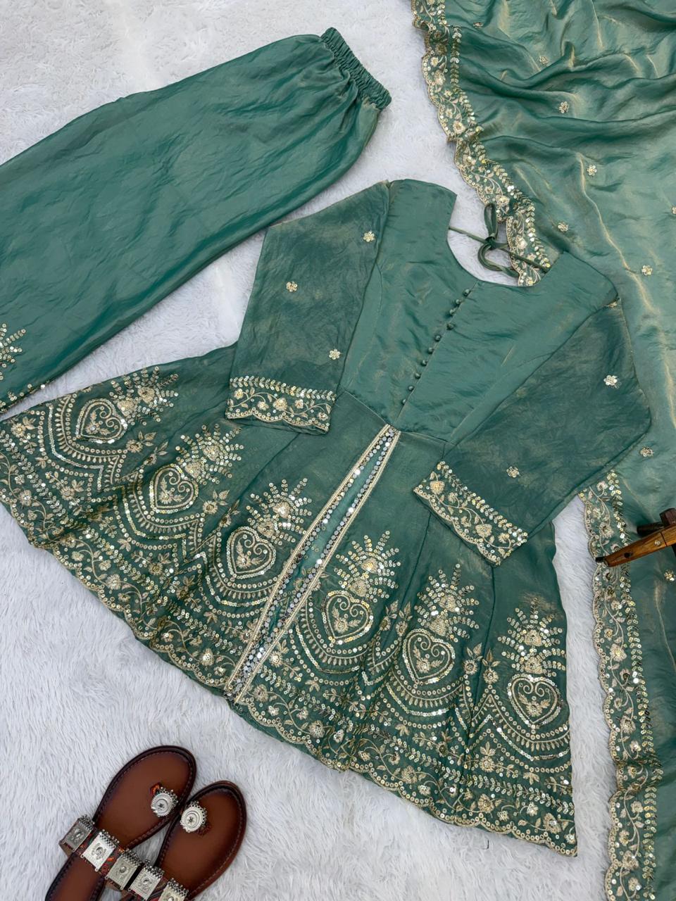 Sage Green Fendy Silk Embroidered Peplum Kurta Palazzo Set with Dupatta