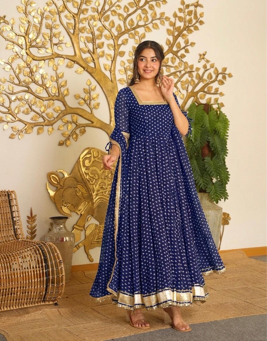 Navy Blue Bandhej Print Faux Georgette Anarkali Gown Set with Dupatta & Pants