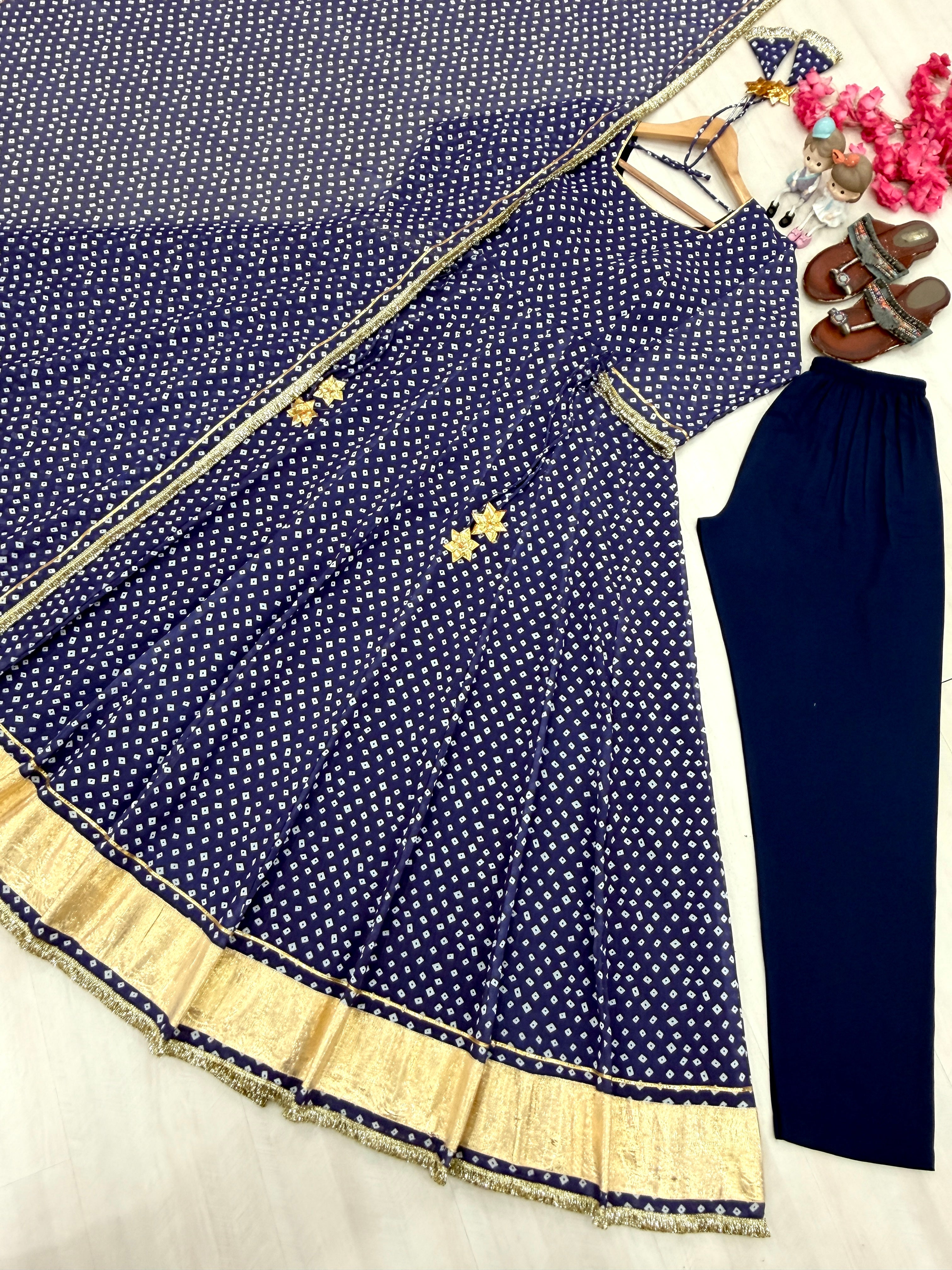 Navy Blue Bandhej Print Faux Georgette Anarkali Gown Set with Dupatta & Pants