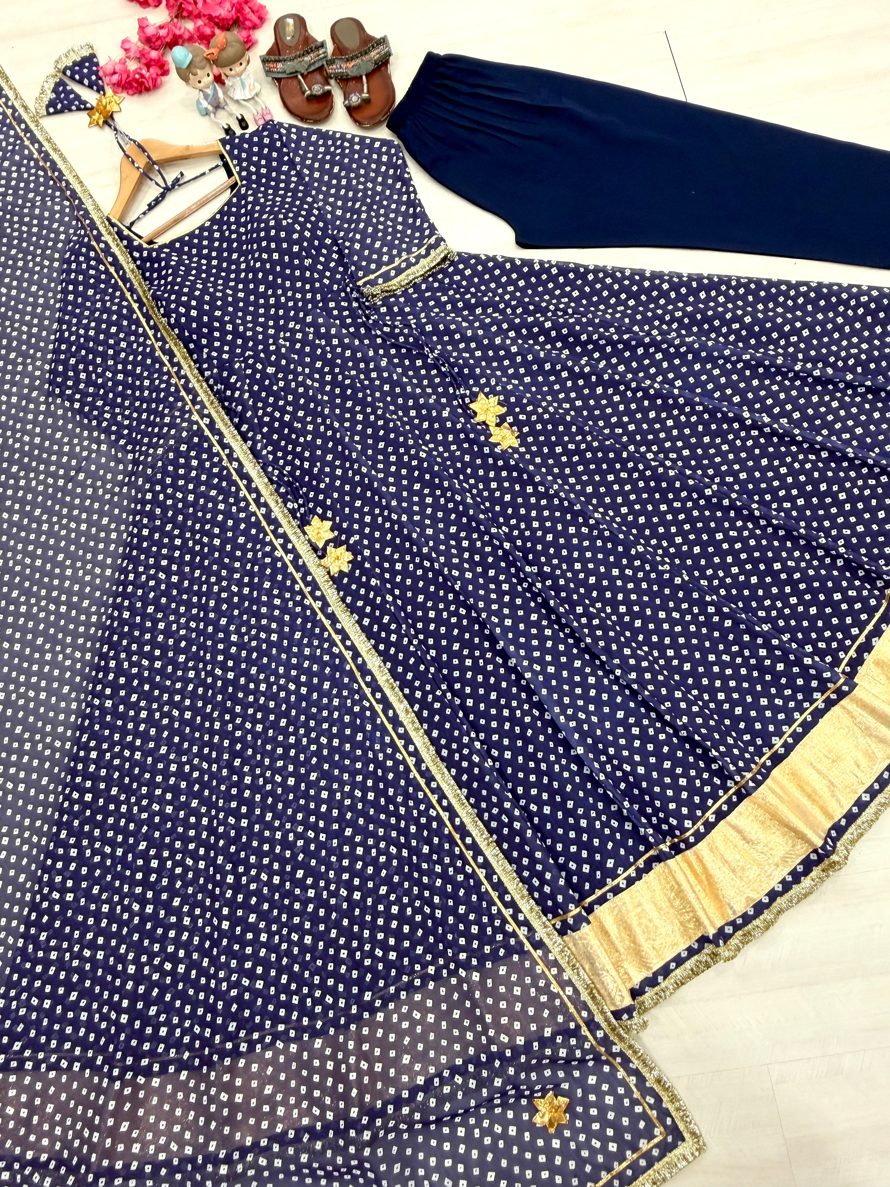 Navy Blue Bandhej Print Faux Georgette Anarkali Gown Set with Dupatta & Pants