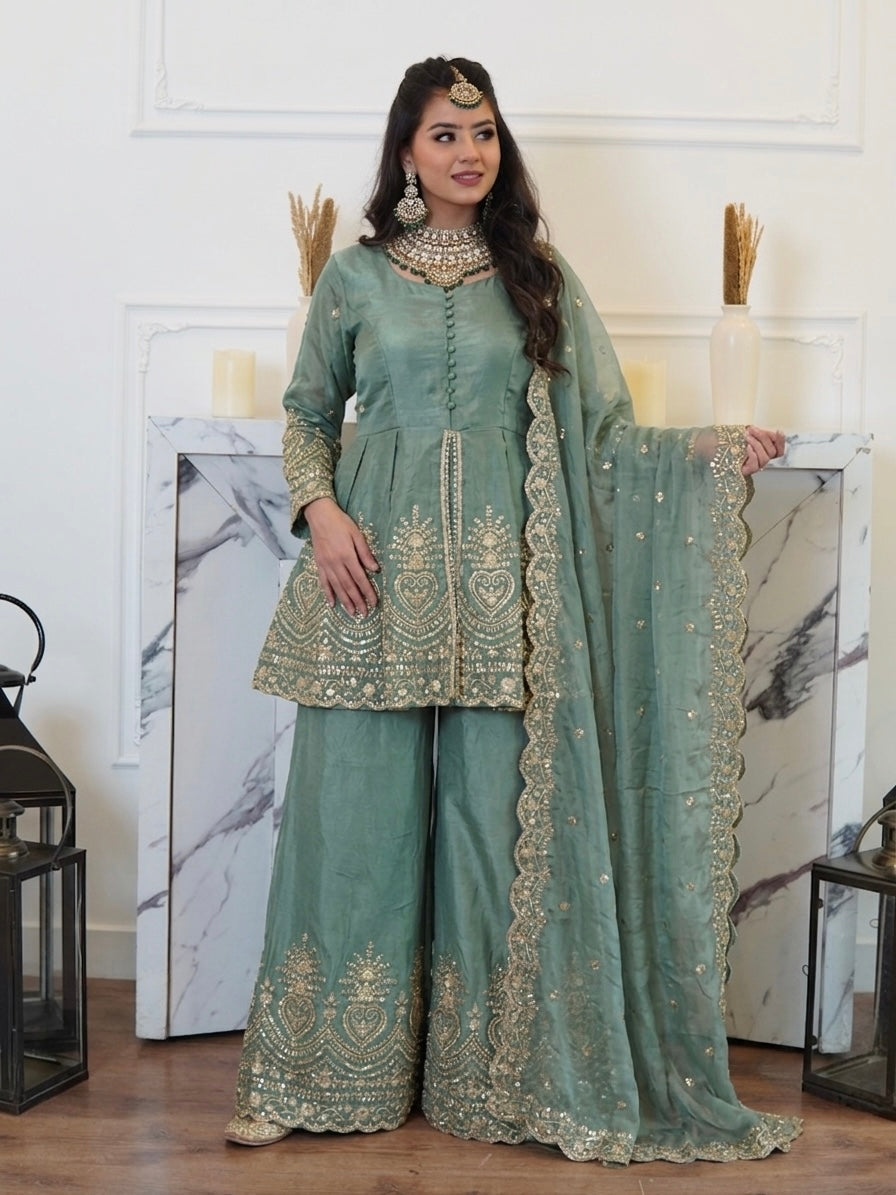 Sage Green Fendy Silk Embroidered Peplum Kurta Palazzo Set with Dupatta