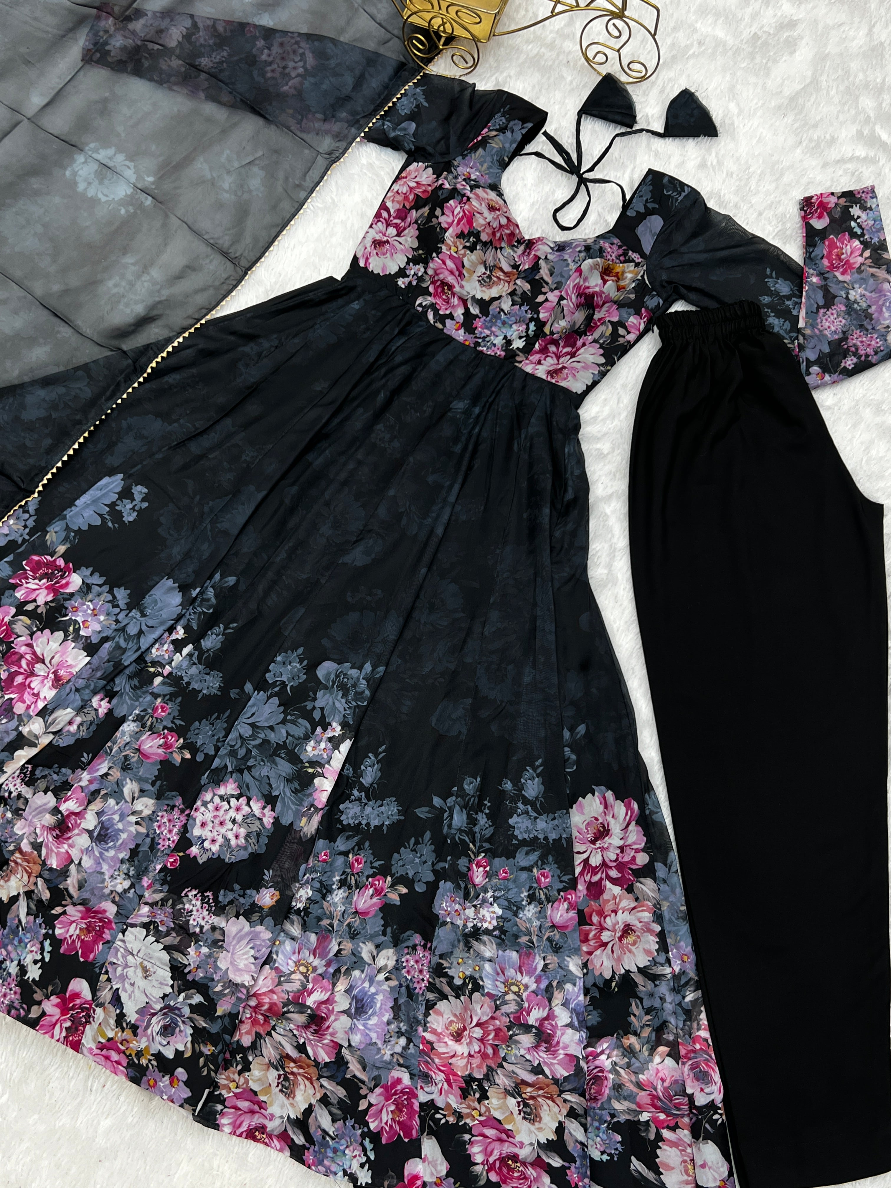 Black Organza Silk Printed Anarkali Suit Set with Gota Patti Dupatta