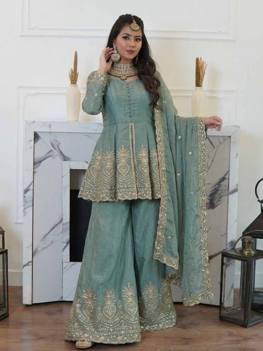 Sage Green Fendy Silk Embroidered Peplum Kurta Palazzo Set with Dupatta