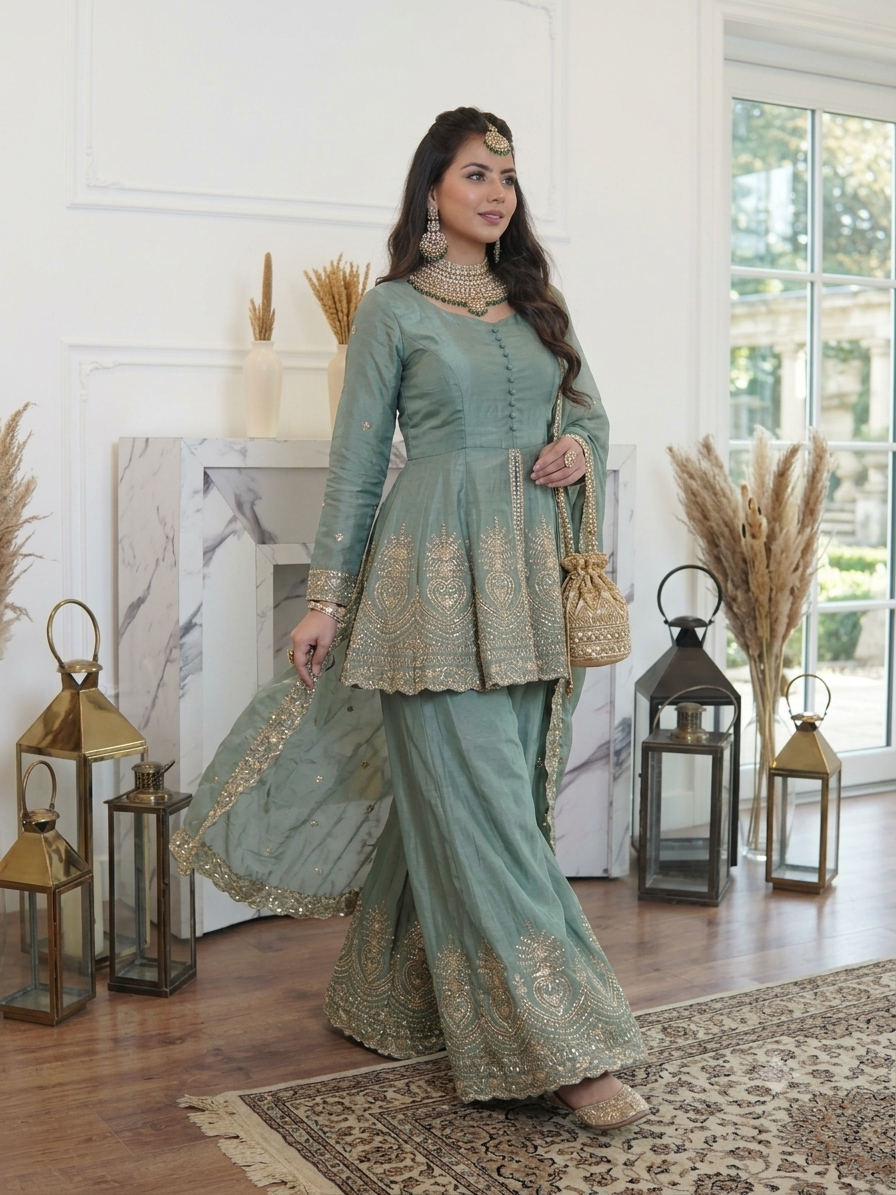 Sage Green Fendy Silk Embroidered Peplum Kurta Palazzo Set with Dupatta