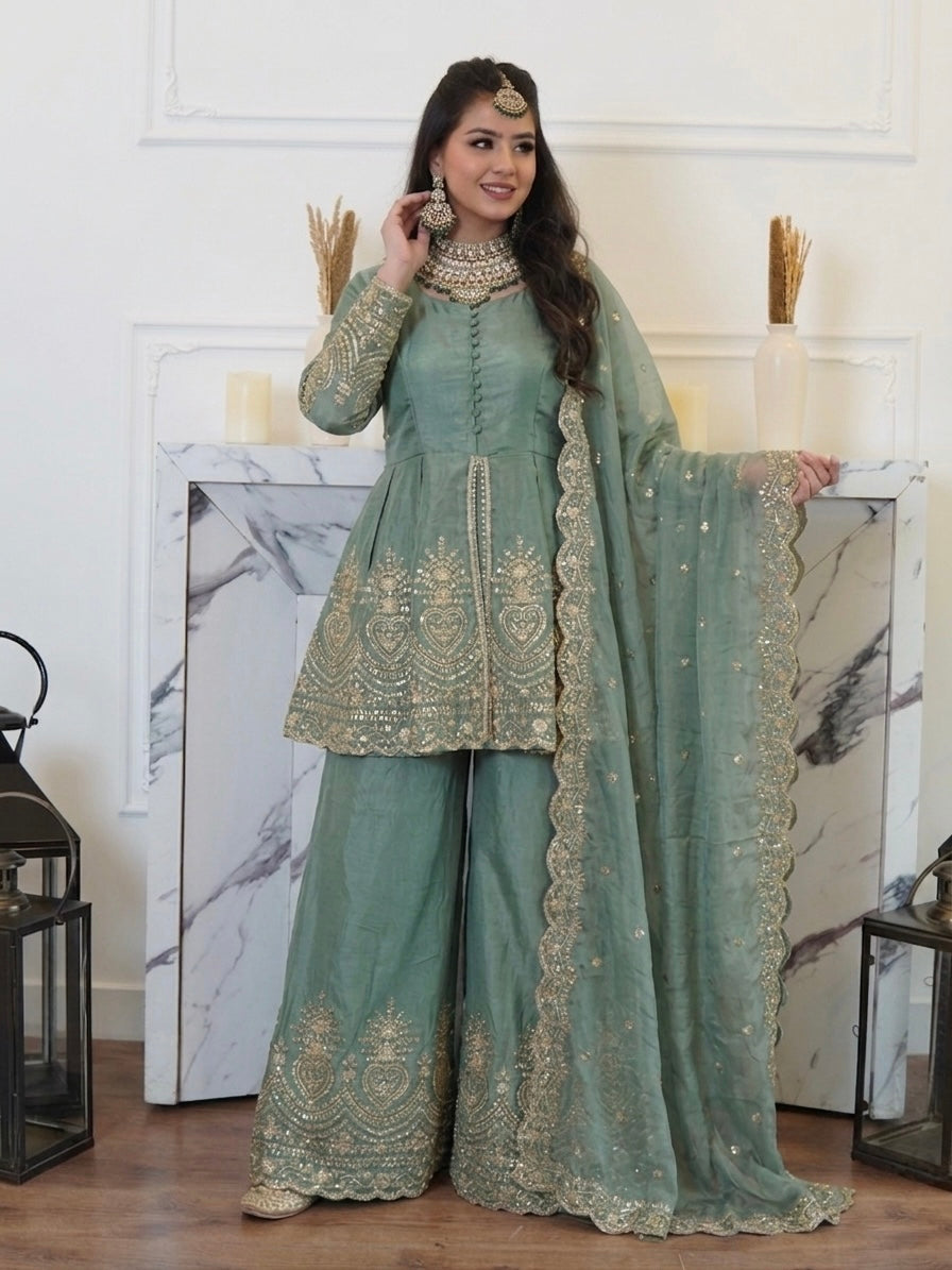 Sage Green Fendy Silk Embroidered Peplum Kurta Palazzo Set with Dupatta