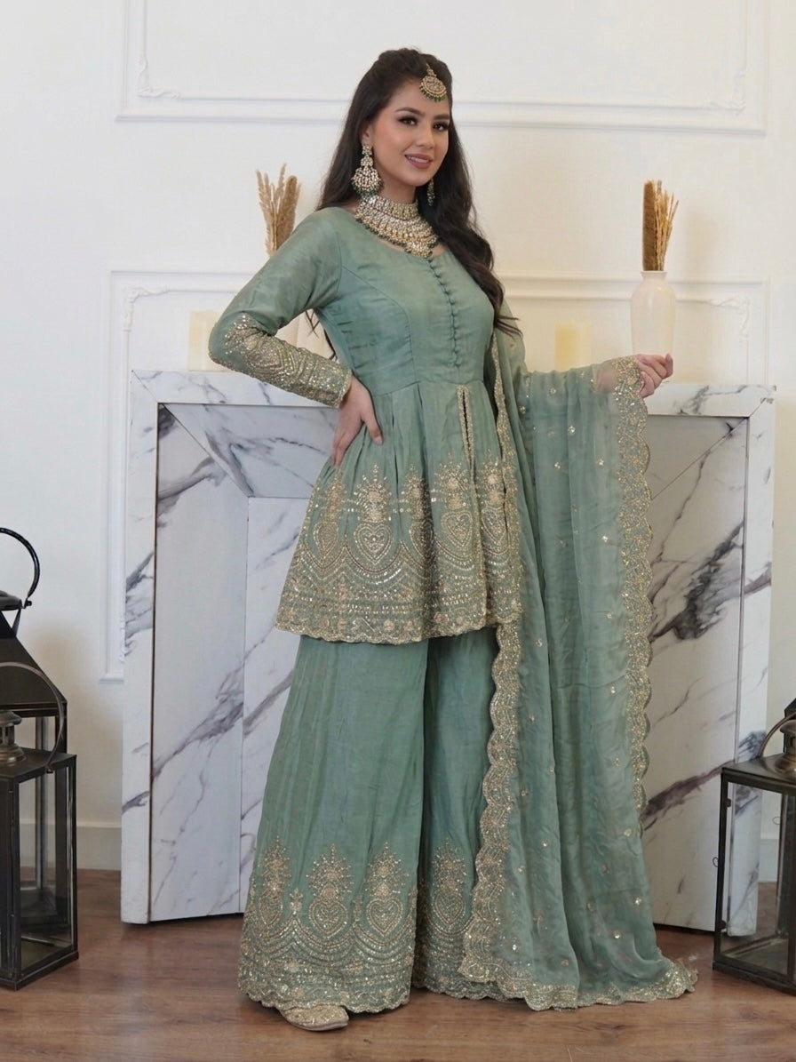 Sage Green Fendy Silk Embroidered Peplum Kurta Palazzo Set with Dupatta