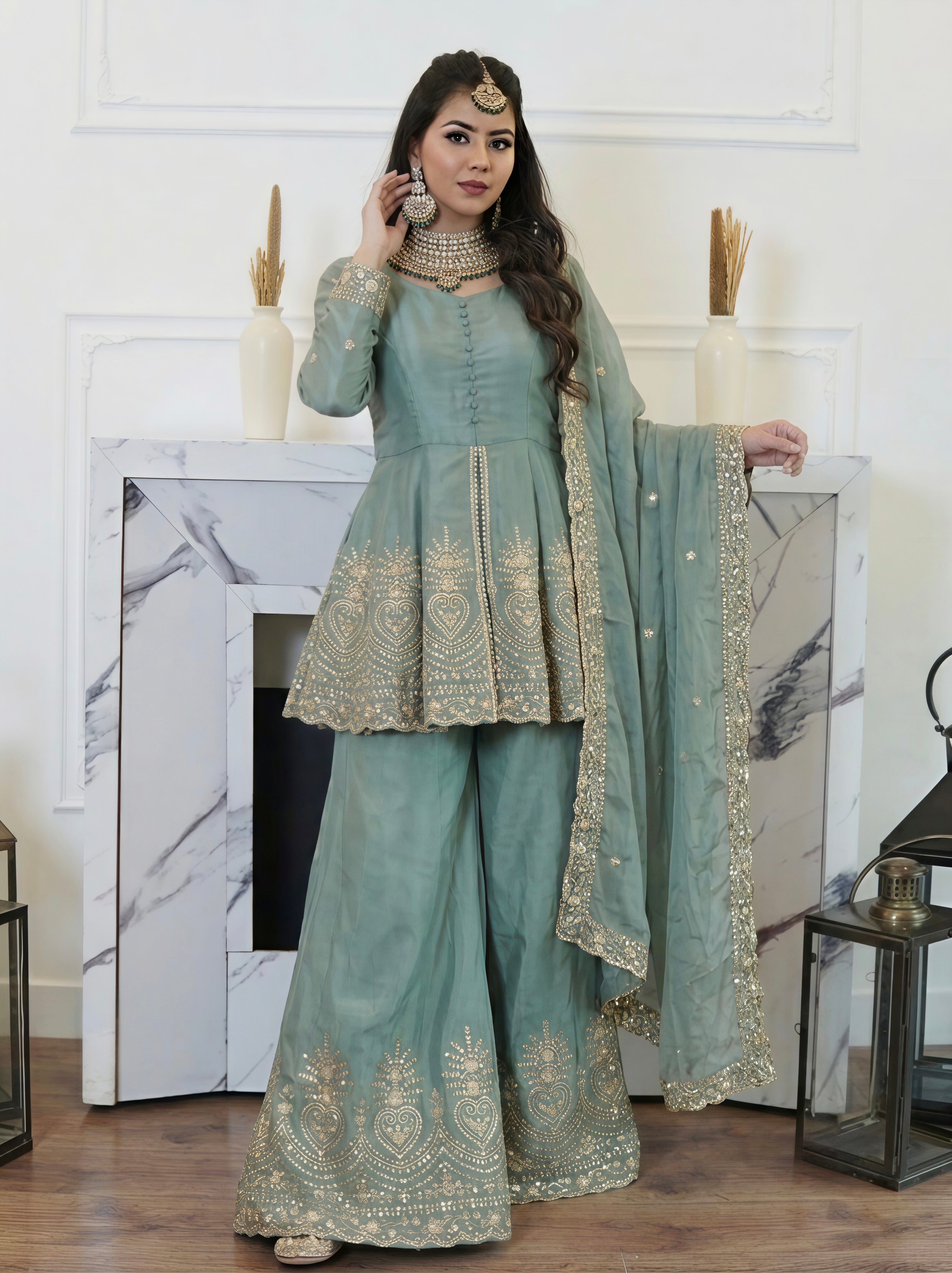 Sage Green Fendy Silk Embroidered Peplum Kurta Palazzo Set with Dupatta