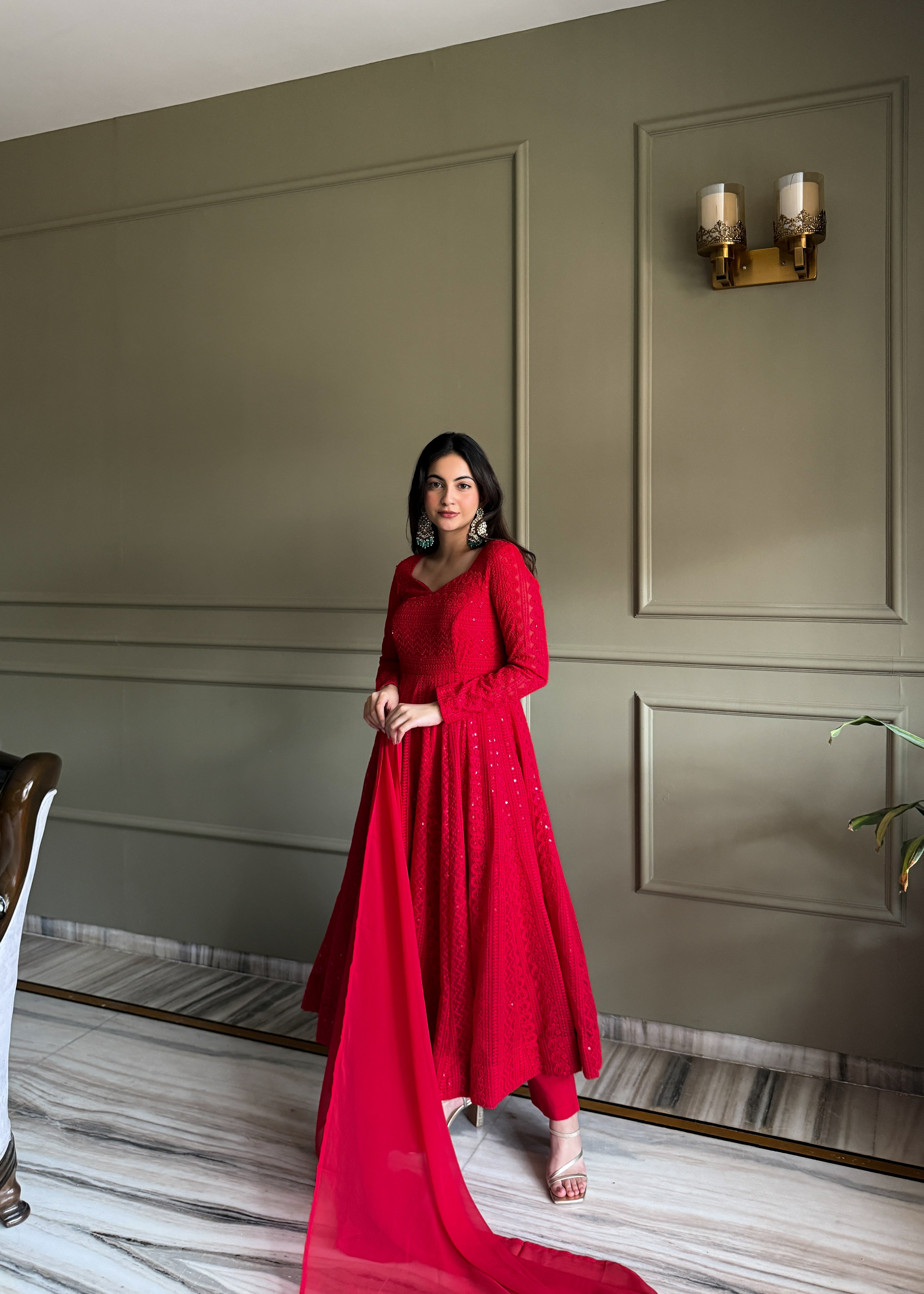 Red Lucknowi Sequins Georgette Anarkali Suit | Nardev Fashion