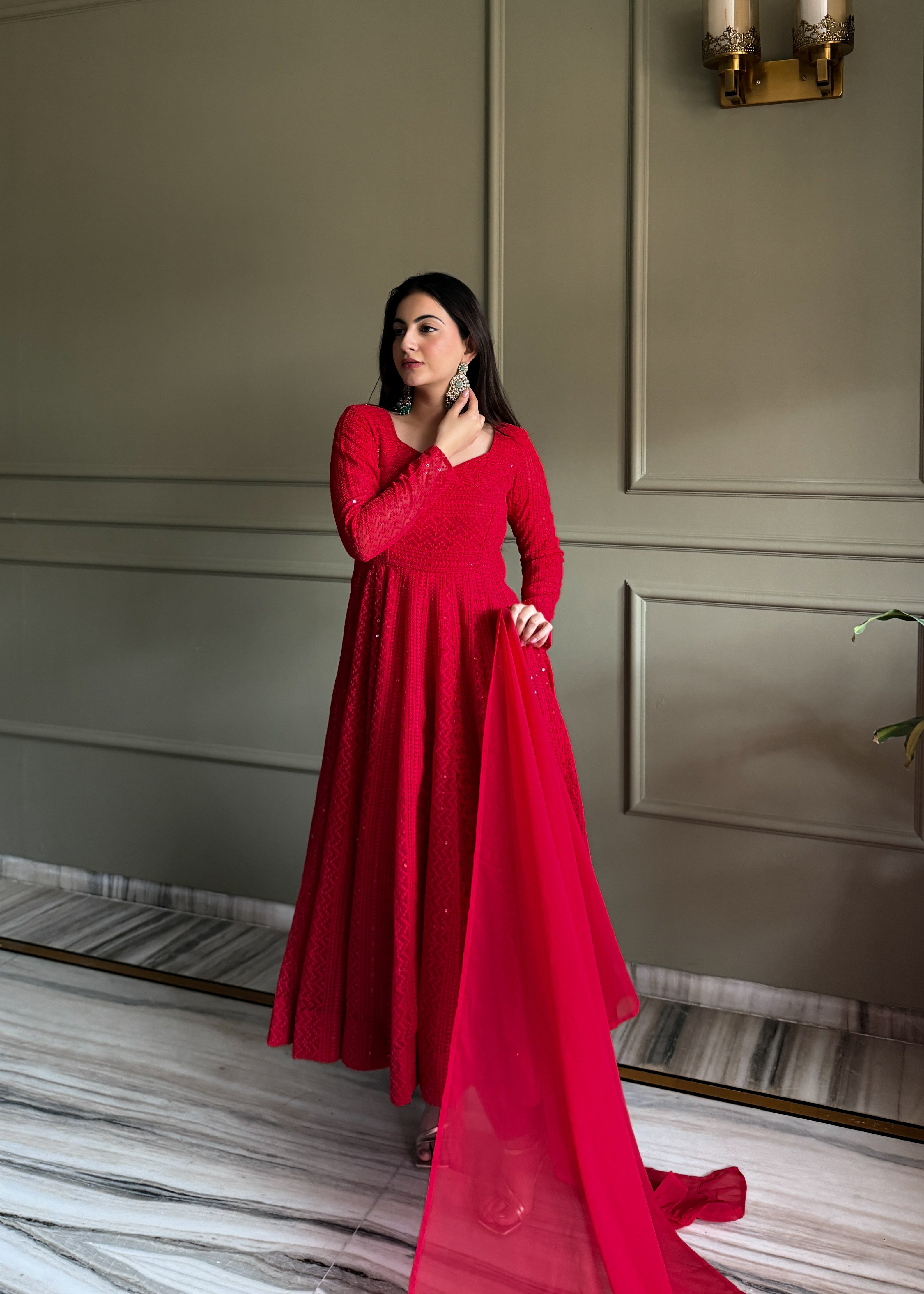 Red Lucknowi Sequins Georgette Anarkali Suit | Nardev Fashion