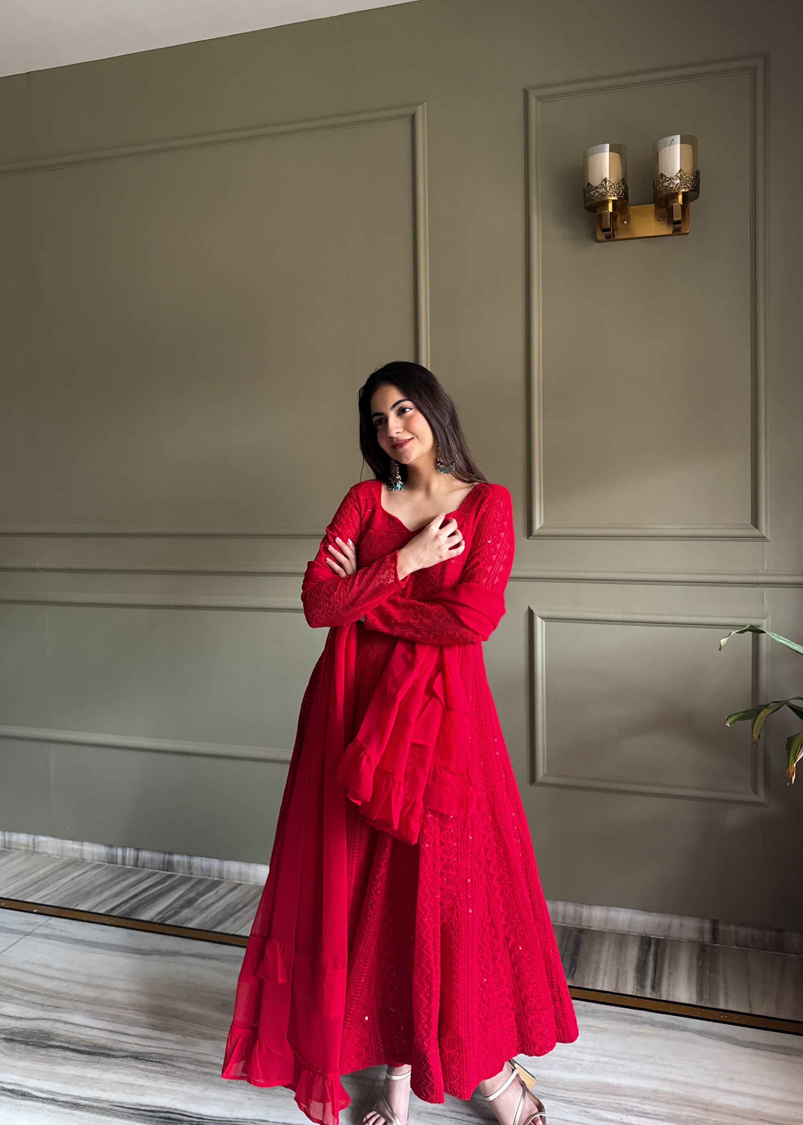 Red Lucknowi Sequins Georgette Anarkali Suit | Nardev Fashion