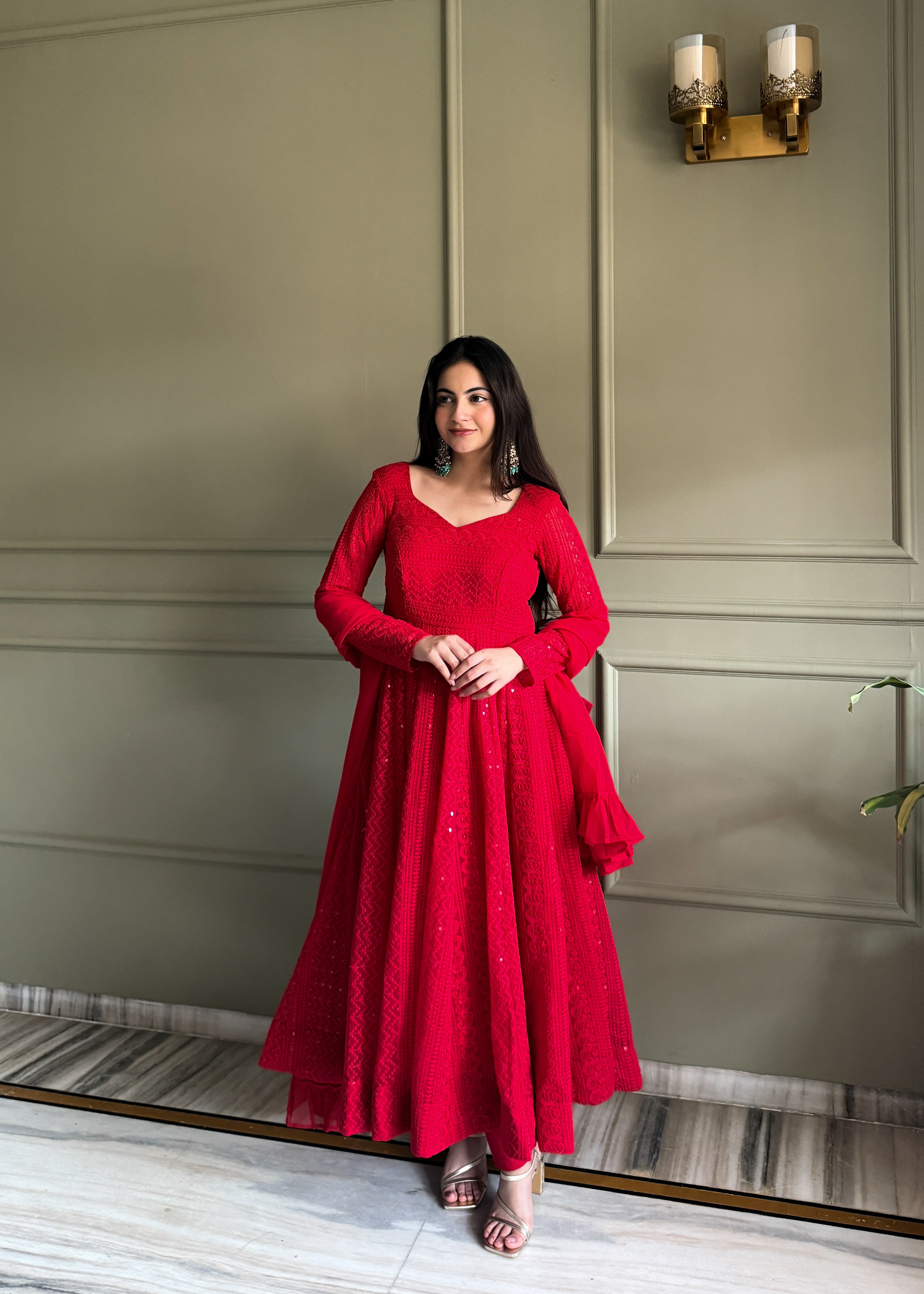 Red Lucknowi Sequins Georgette Anarkali Suit | Nardev Fashion