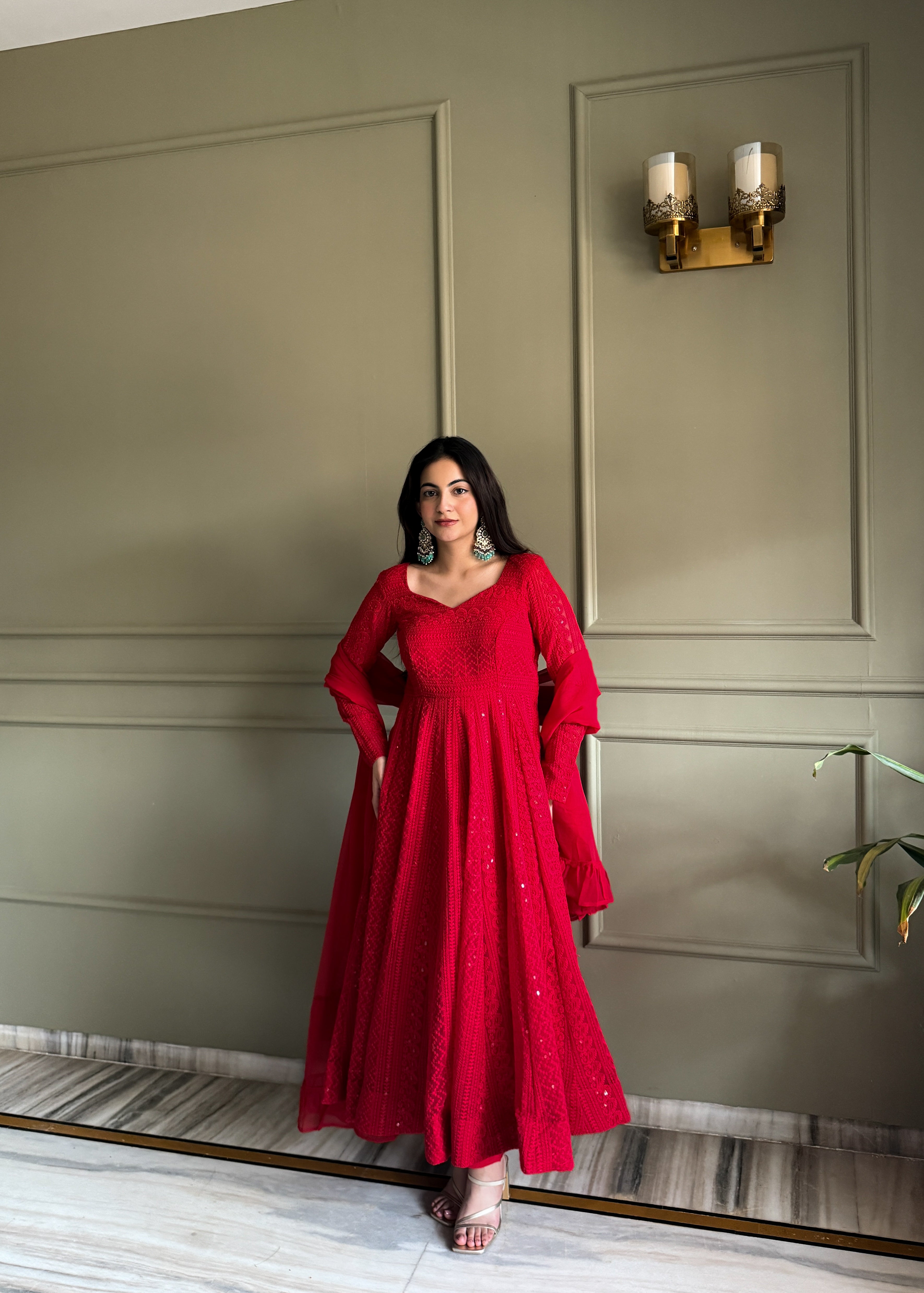 Red Lucknowi Sequins Georgette Anarkali Suit | Nardev Fashion