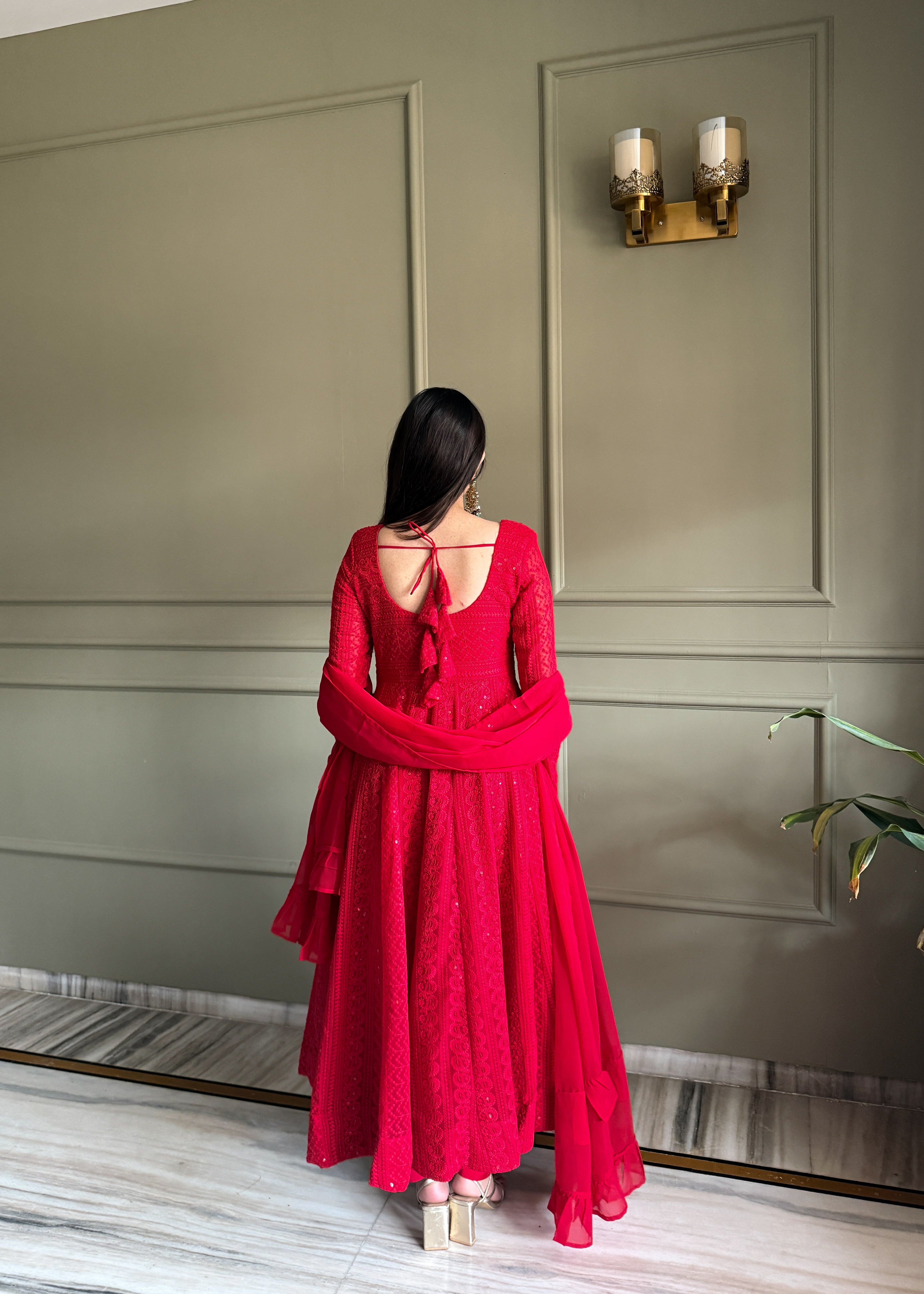 Red Lucknowi Sequins Georgette Anarkali Suit | Nardev Fashion