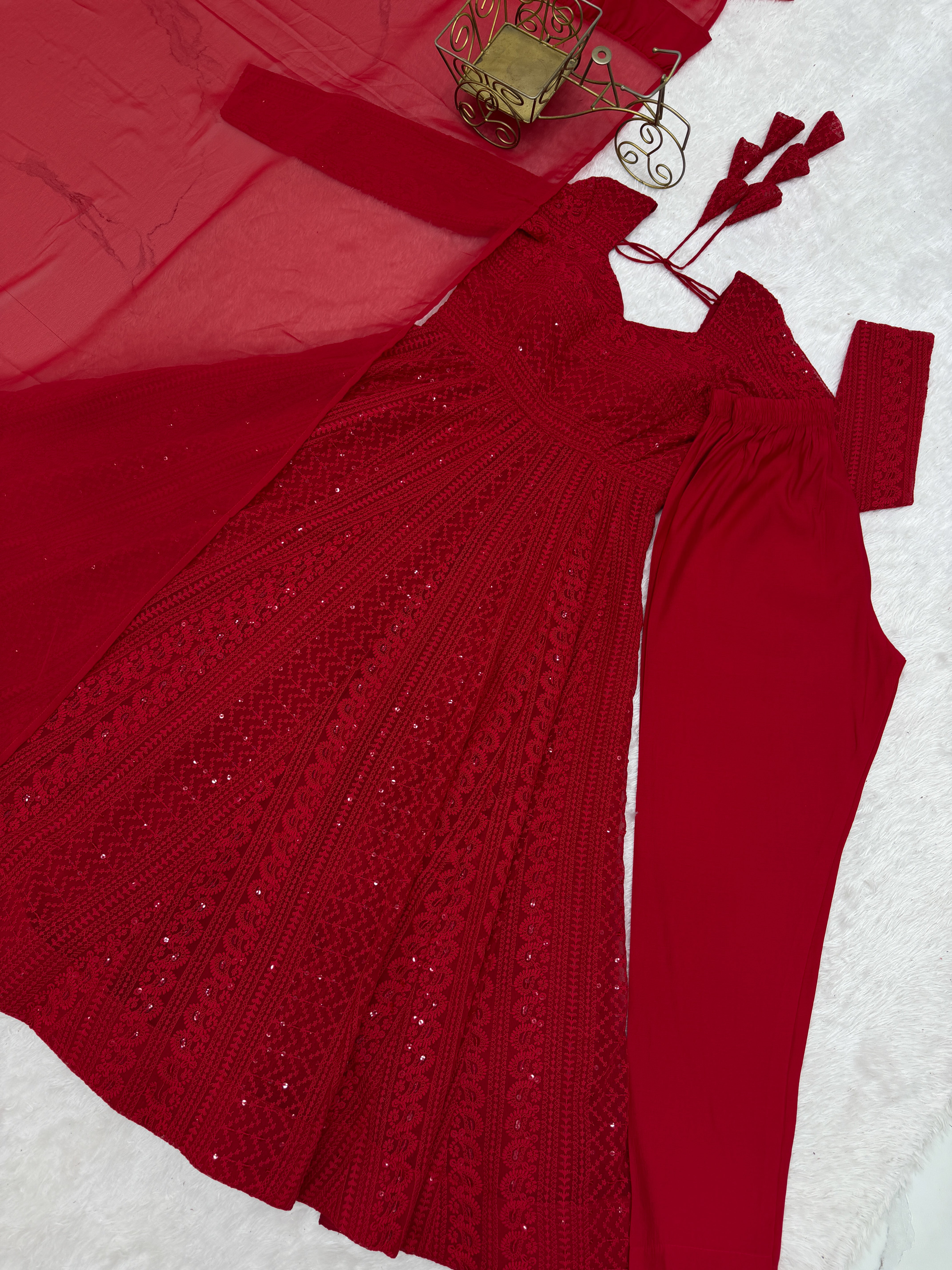 Red Lucknowi Sequins Georgette Anarkali Suit | Nardev Fashion