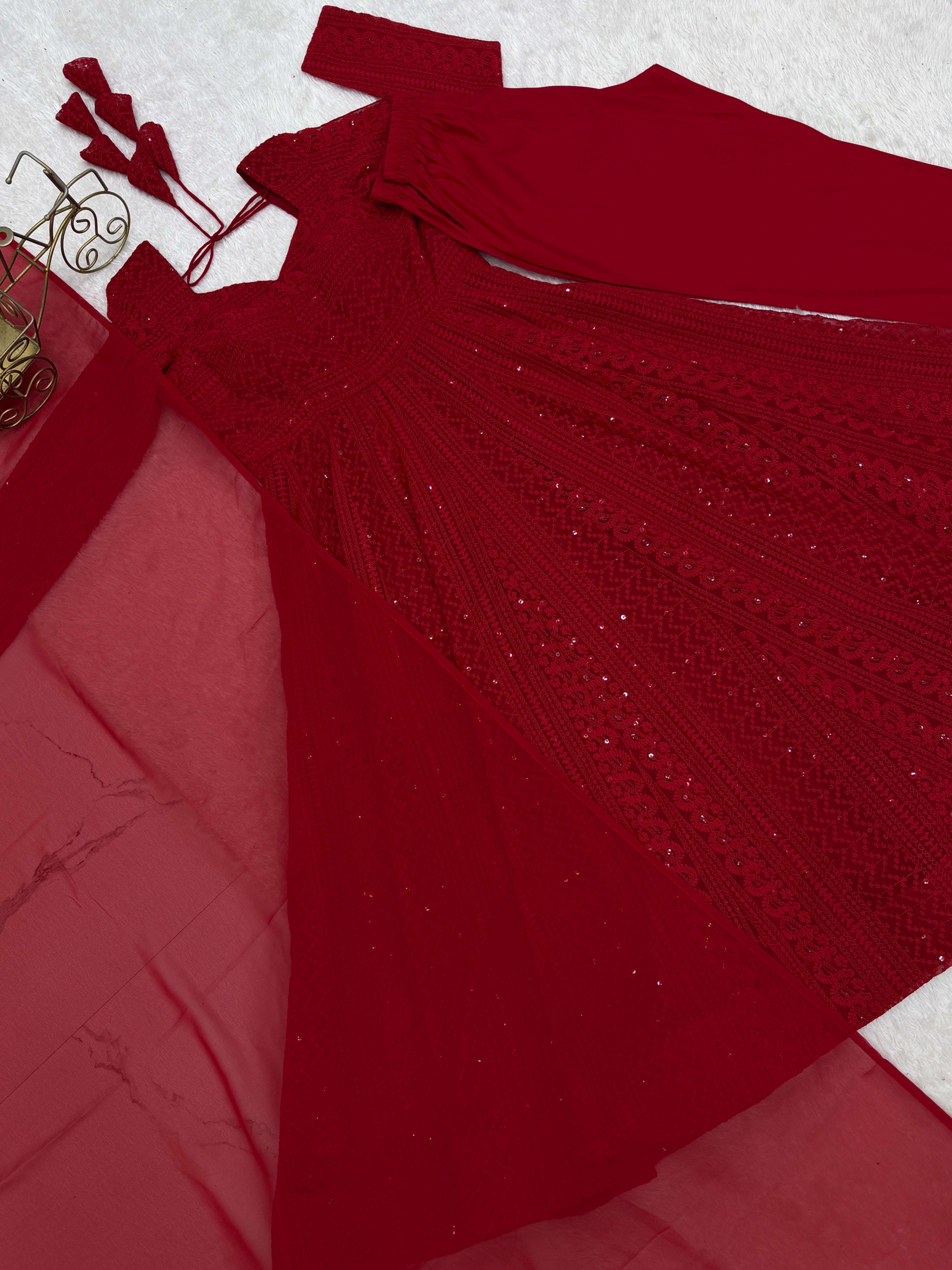 Red Lucknowi Sequins Georgette Anarkali Suit | Nardev Fashion