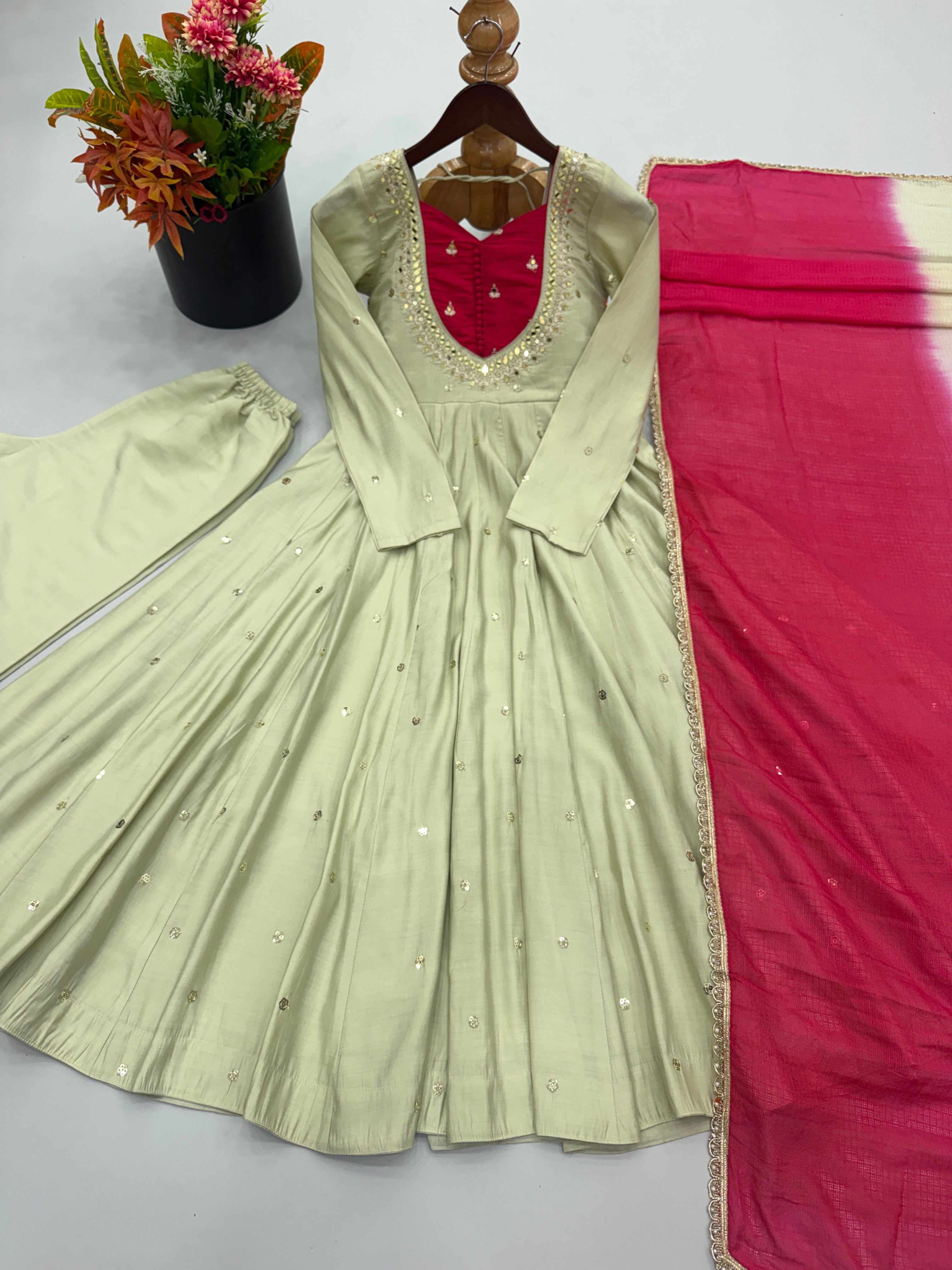 Sage Green Roman Silk Embroidered Anarkali Suit Set with Real Mirror Work & Pink Kota Checks Dupatta