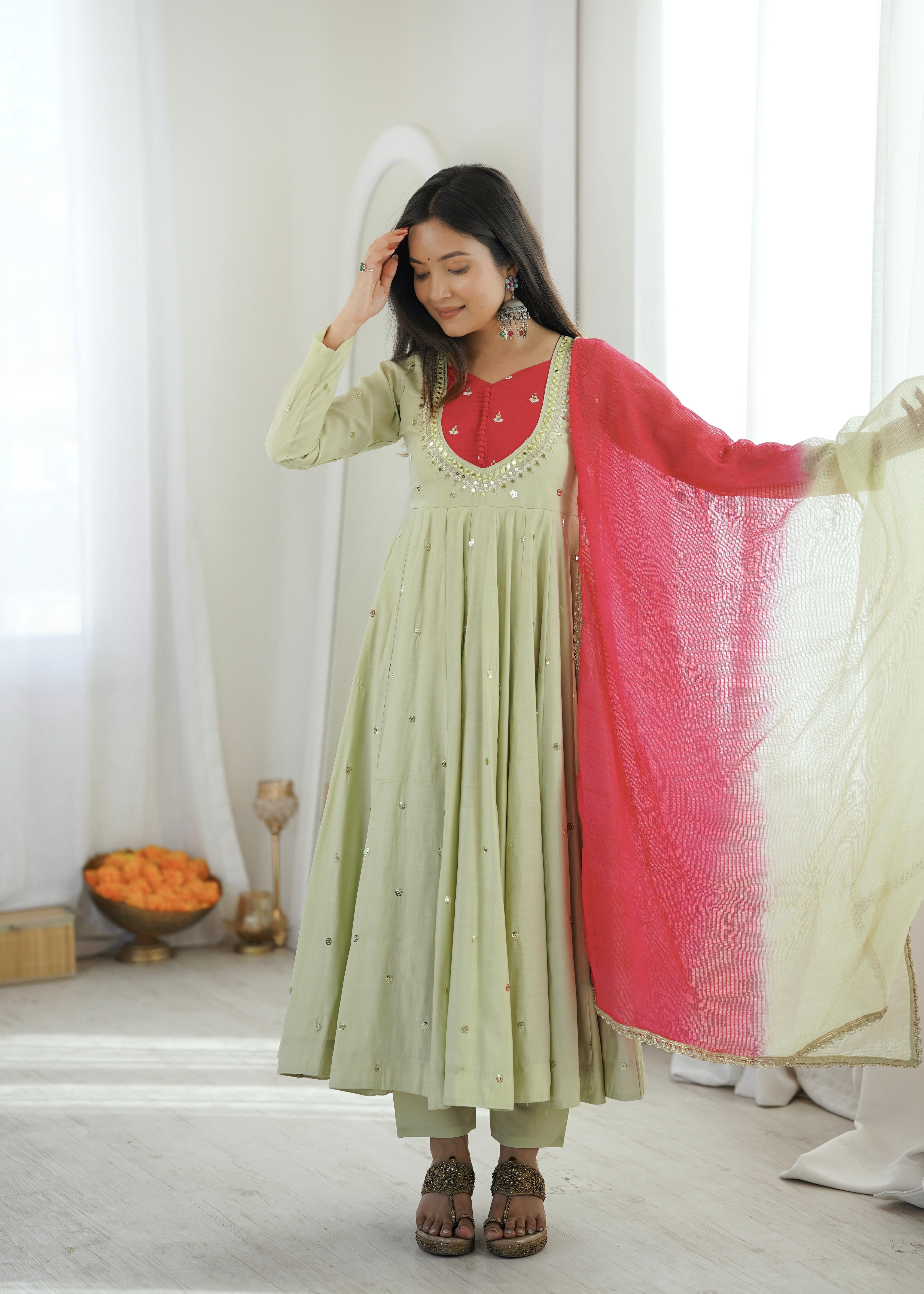 Sage Green Roman Silk Embroidered Anarkali Suit Set with Real Mirror Work & Pink Kota Checks Dupatta
