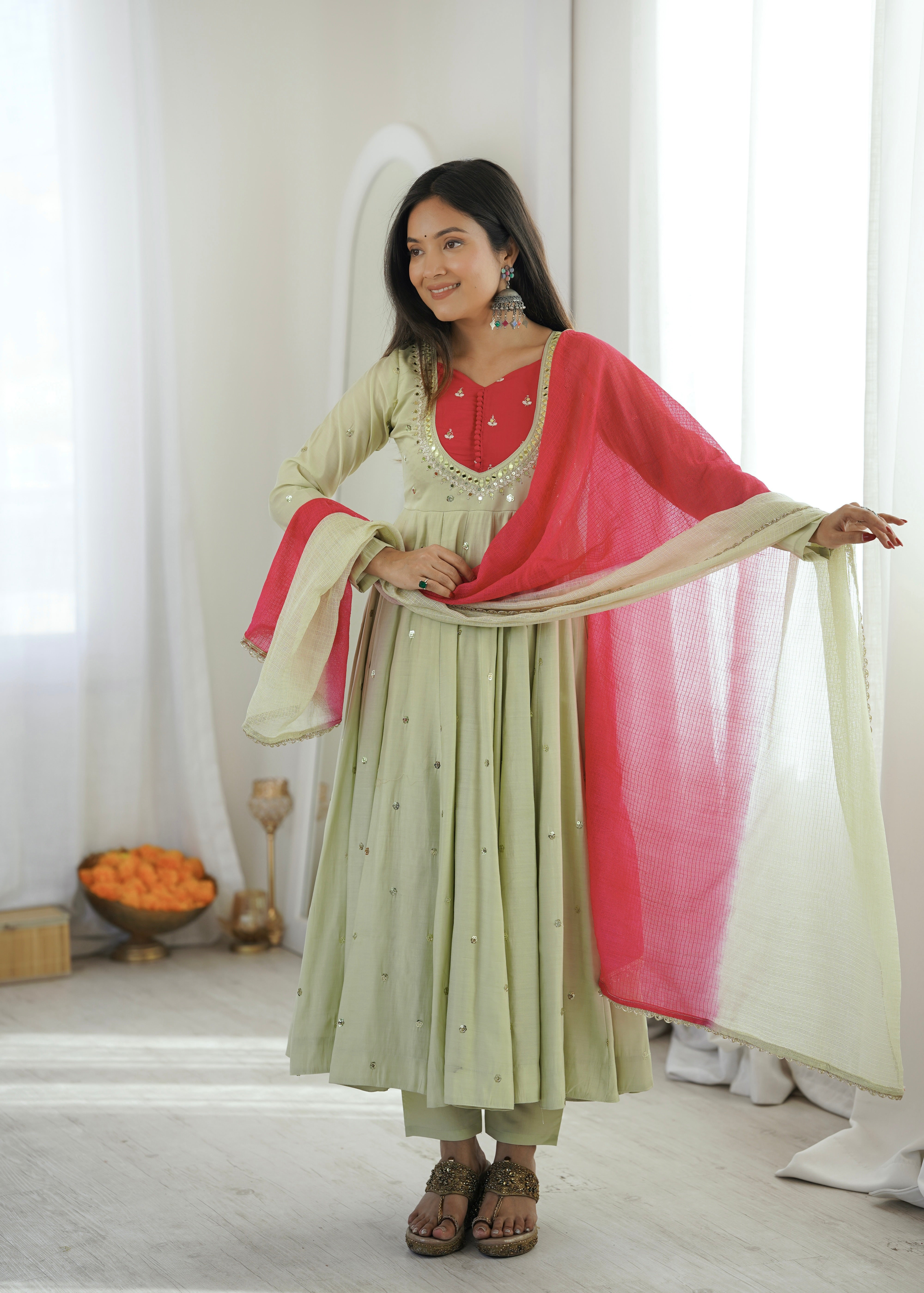 Sage Green Roman Silk Embroidered Anarkali Suit Set with Real Mirror Work & Pink Kota Checks Dupatta