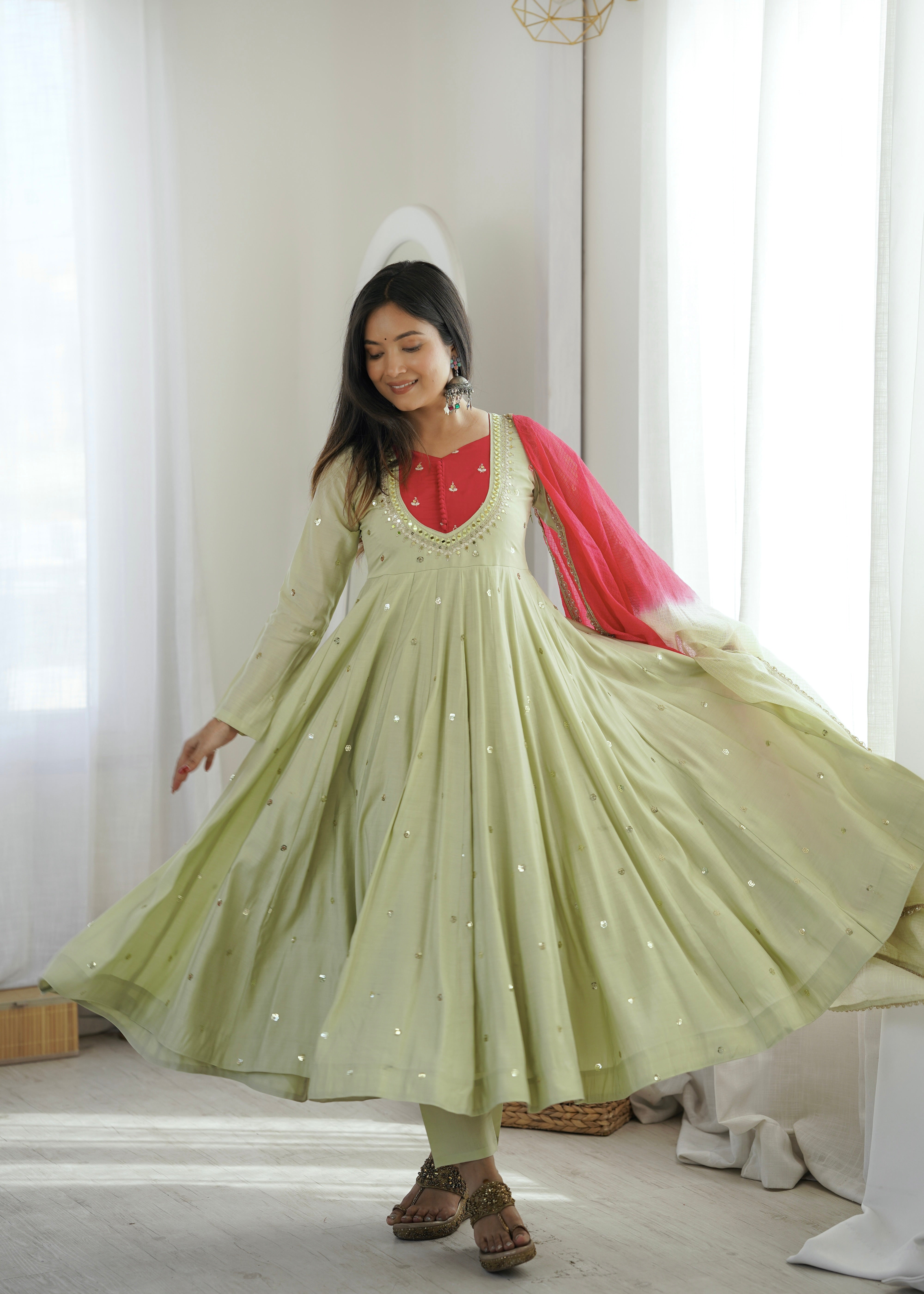 Sage Green Roman Silk Embroidered Anarkali Suit Set with Real Mirror Work & Pink Kota Checks Dupatta