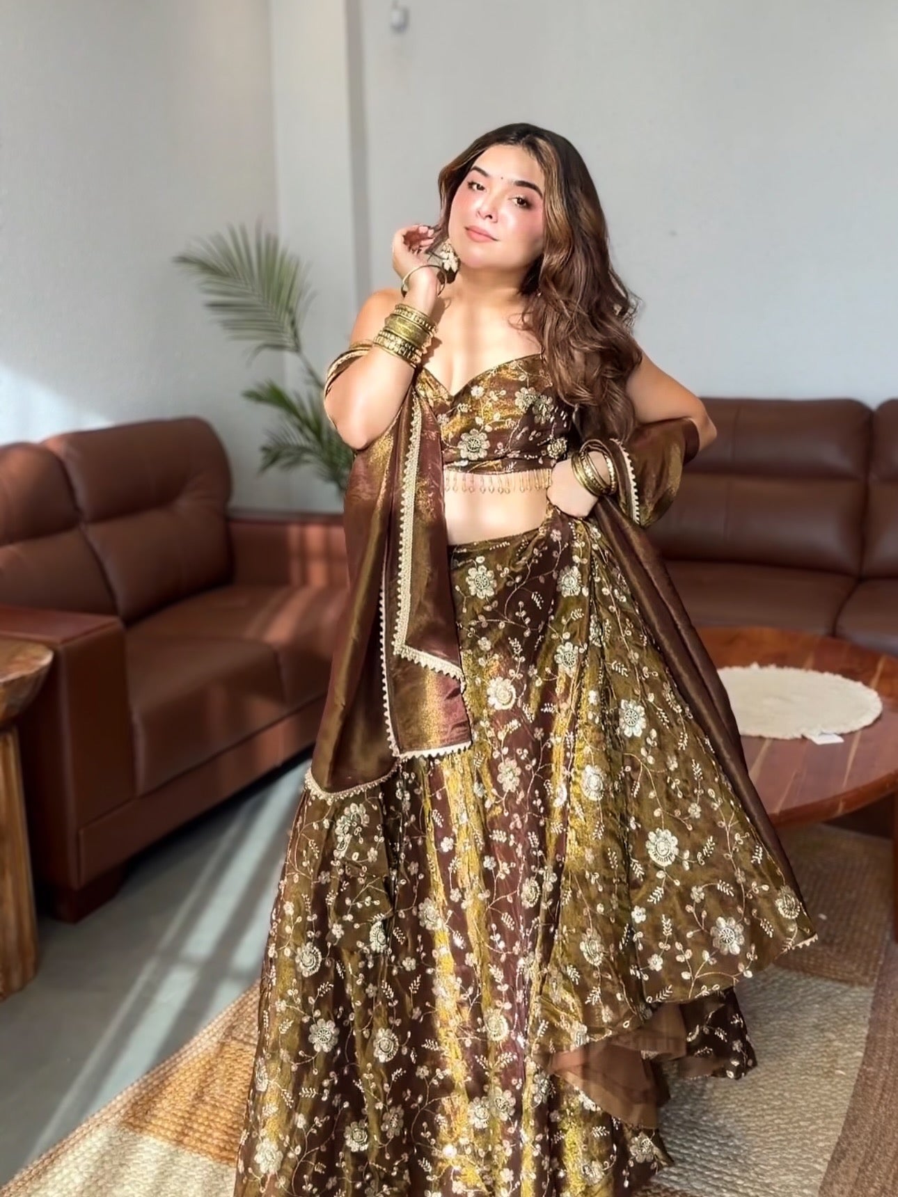 Coffee Brown Fandy Silk Embroidered Sequin Lehenga Choli Set with Dupatta