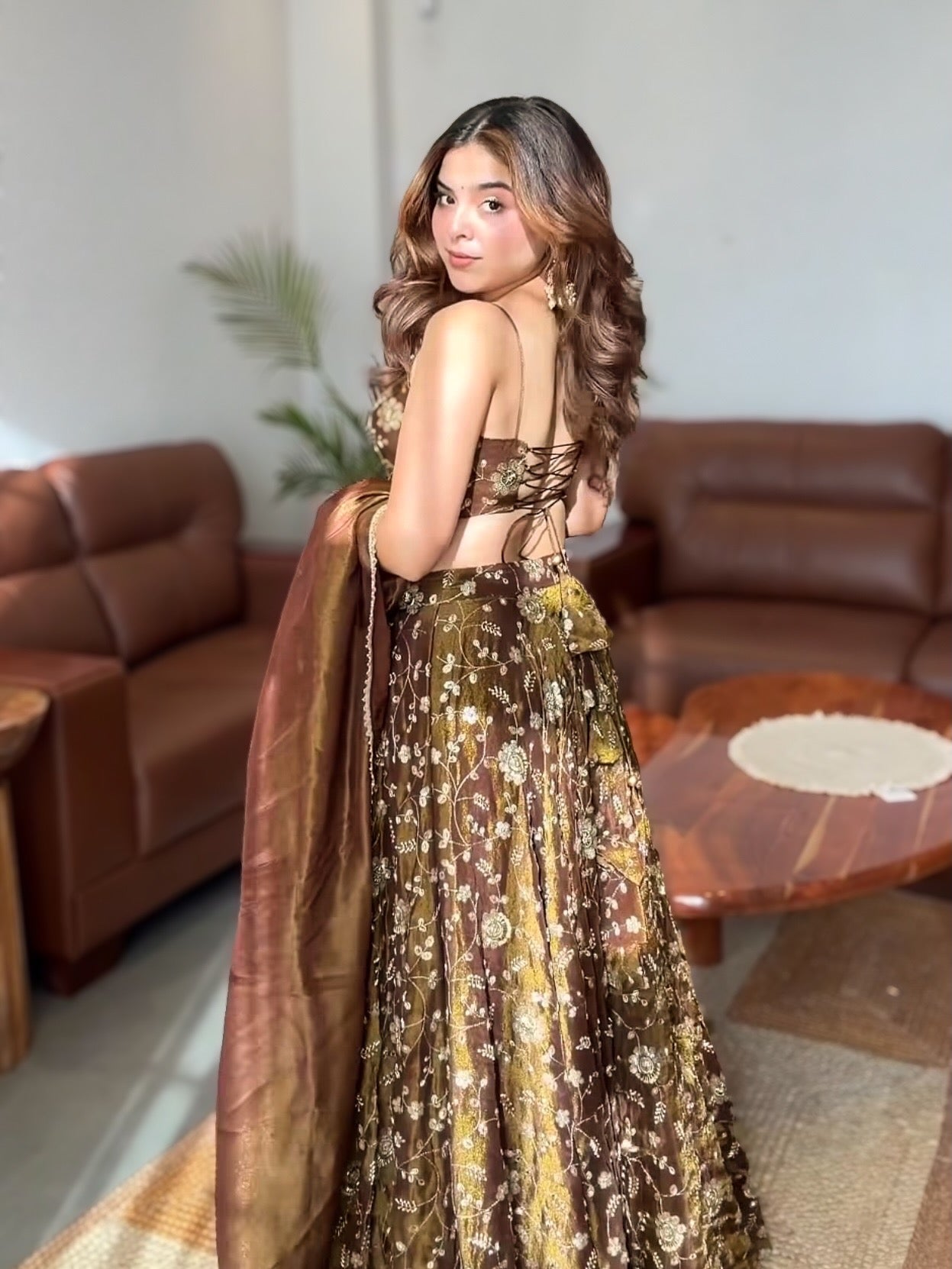 Coffee Brown Fandy Silk Embroidered Sequin Lehenga Choli Set with Dupatta